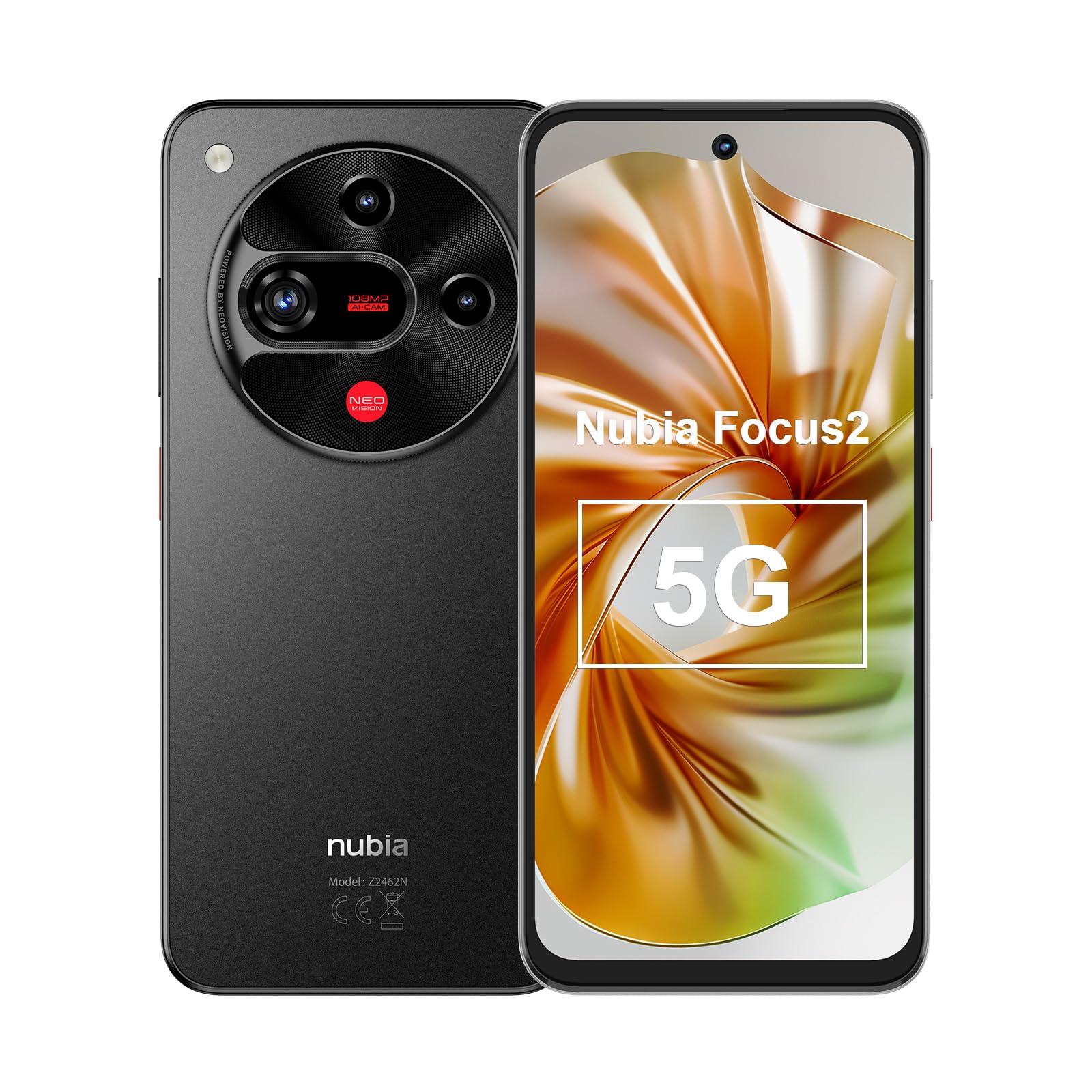 nubia Focus 2 5G Smartphone, 6,7" HD+ Lochdisplay, 108MP Hauptkamera, 8GB RAM + 256GB Speicher, 5000mAh Akku, Handy ohne Vertrag, Android 15, Dual SIM, Schwarz