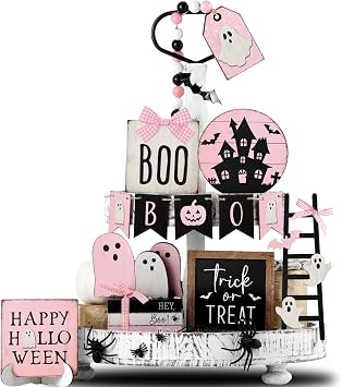 GlikCeil 19 Pcs Halloween Tiered Tray Decor Set Cute Ghost Bat Wooden Signs Farmhouse Rustic Tiered Tray Decoration Tabletop Sign for Home Table Kitchen Shelf Halloween Party Supplies Pink,Ghost