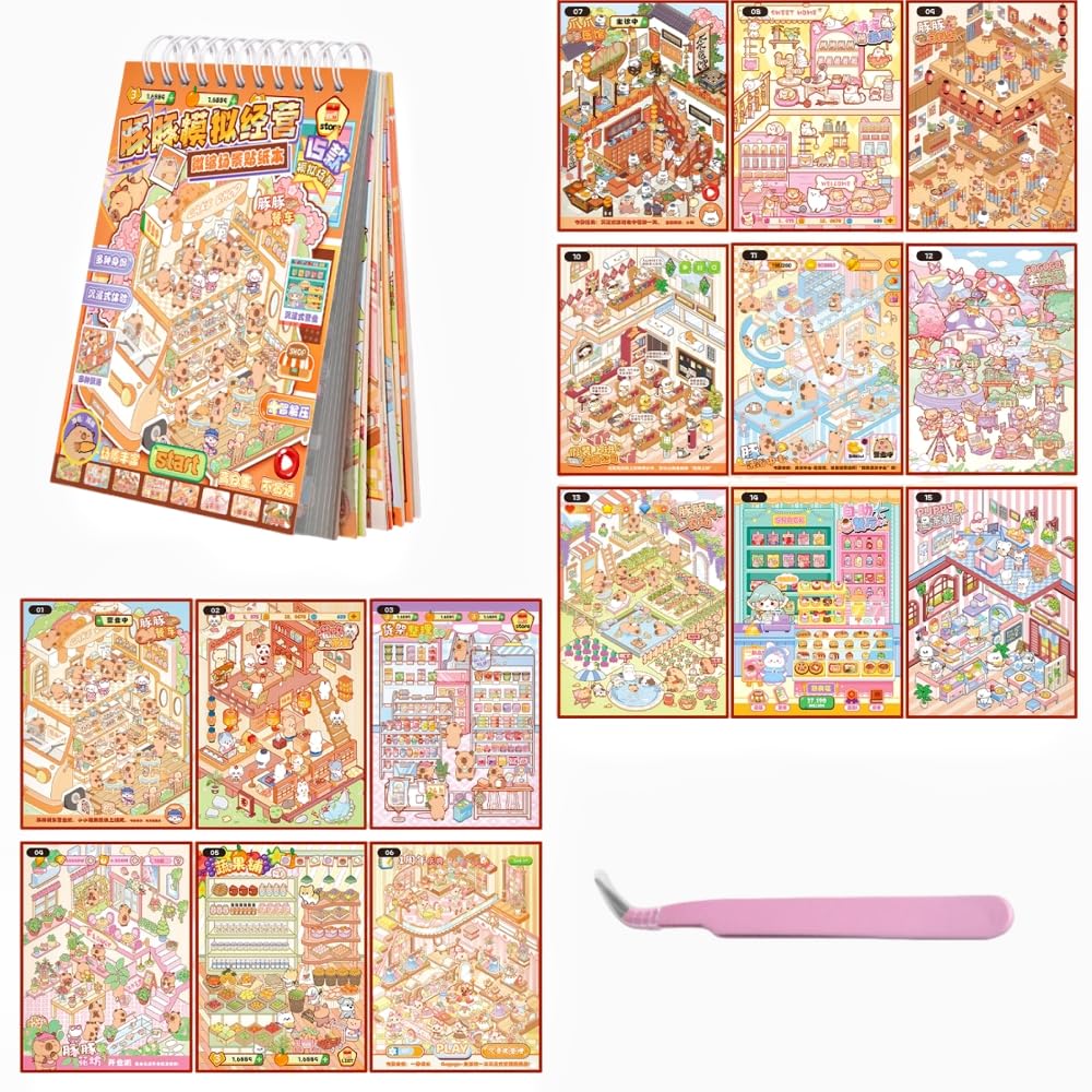15 Sets 3D DIY Stickers Scene,3D Mini House Stickers Book Set for Adults with Tweezers Make Your Own Room Cartoon Capybara Sticker Scene Therapy for Adults Girls Relief Stress Pass The Time Gift