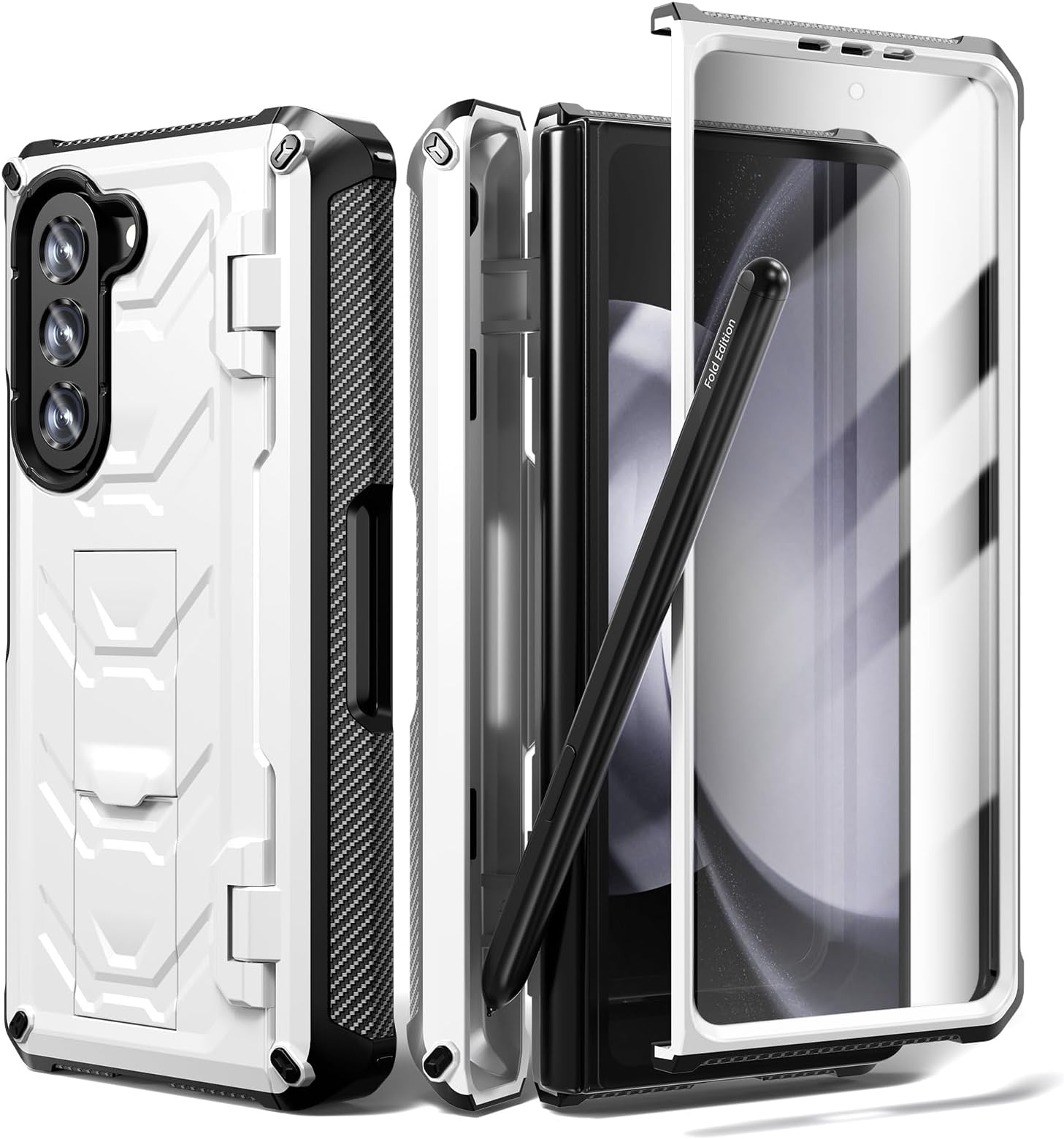 SHIEID Galaxy Z Fold 5 Case with Hinge Protection, Armour Case for Samsung Galaxy Z Fold 5 Full-Body Dual Layer Rugged Case with Built-in Screen Protector & Kickstand & S Pen Slot, White