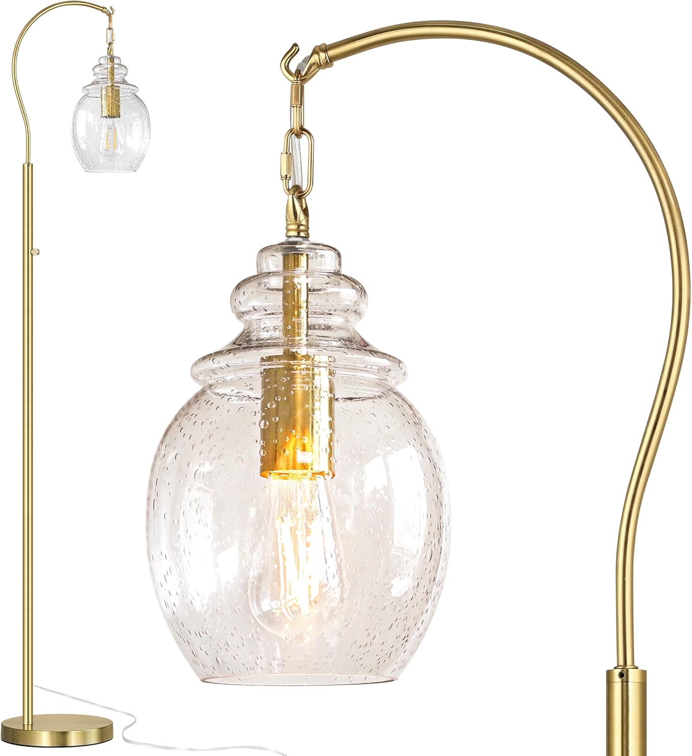 QiMH Gold Floor Lamps for Living Room, Modern Standing Lamp for Bedroom, 70" Tall Lamp for Corner, Arc Floor Lamp with Seeded Glass Lamp Shade, Dimmable Floor Lamp for Reading Office Nursery