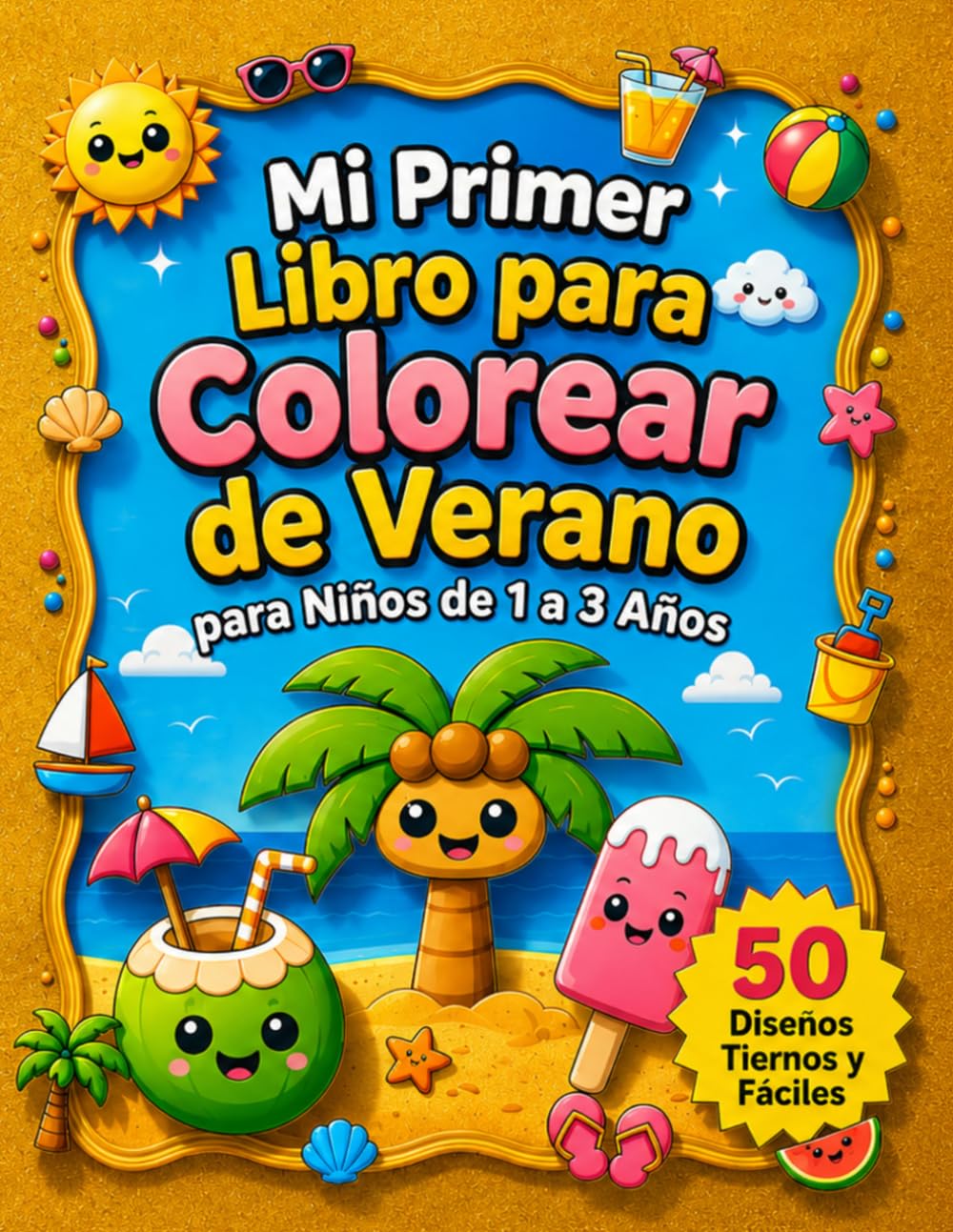 Mi Primer Libro para Colorear de Verano para Niños de 1 a 3 Años: 50 Dibujos Grandes, Simples y Fáciles de Colorear con Temática de Verano para Manitas Pequeñas