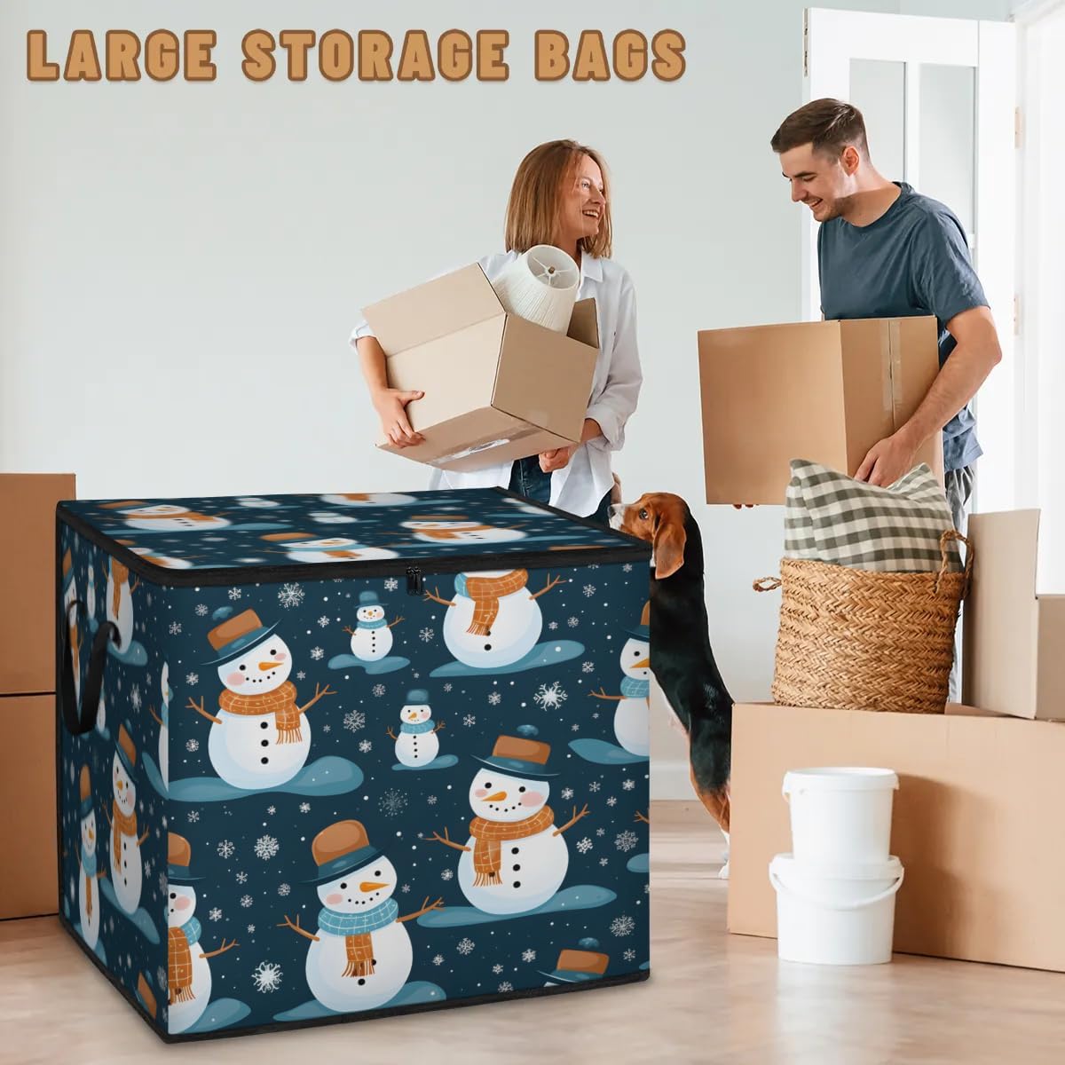 Honeybaby 214L Extra Large Comforter Storage Bag Winter Snowman Snowflake Storage Totes with Lids Waterproof Closet Organizer Folding Blanket Storage Bags for Clothes Bedding Pillows