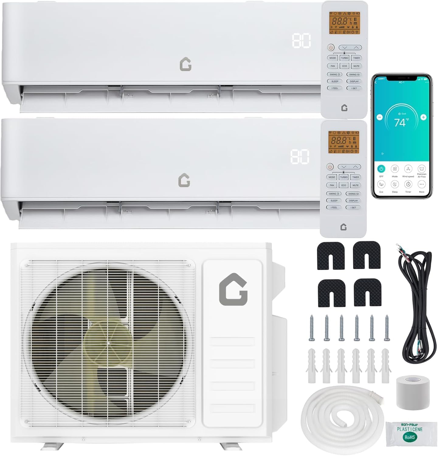 GarveeLife 20000 BTU Two-Zone Mini Split Air Conditioner ，20 SEER2 208/230V Wall-Mounted Inverter w/ R454B Refrigerant，12000+12000 BTU WiFi mini split ac cooling/heating system for 1100 Sq.Ft
