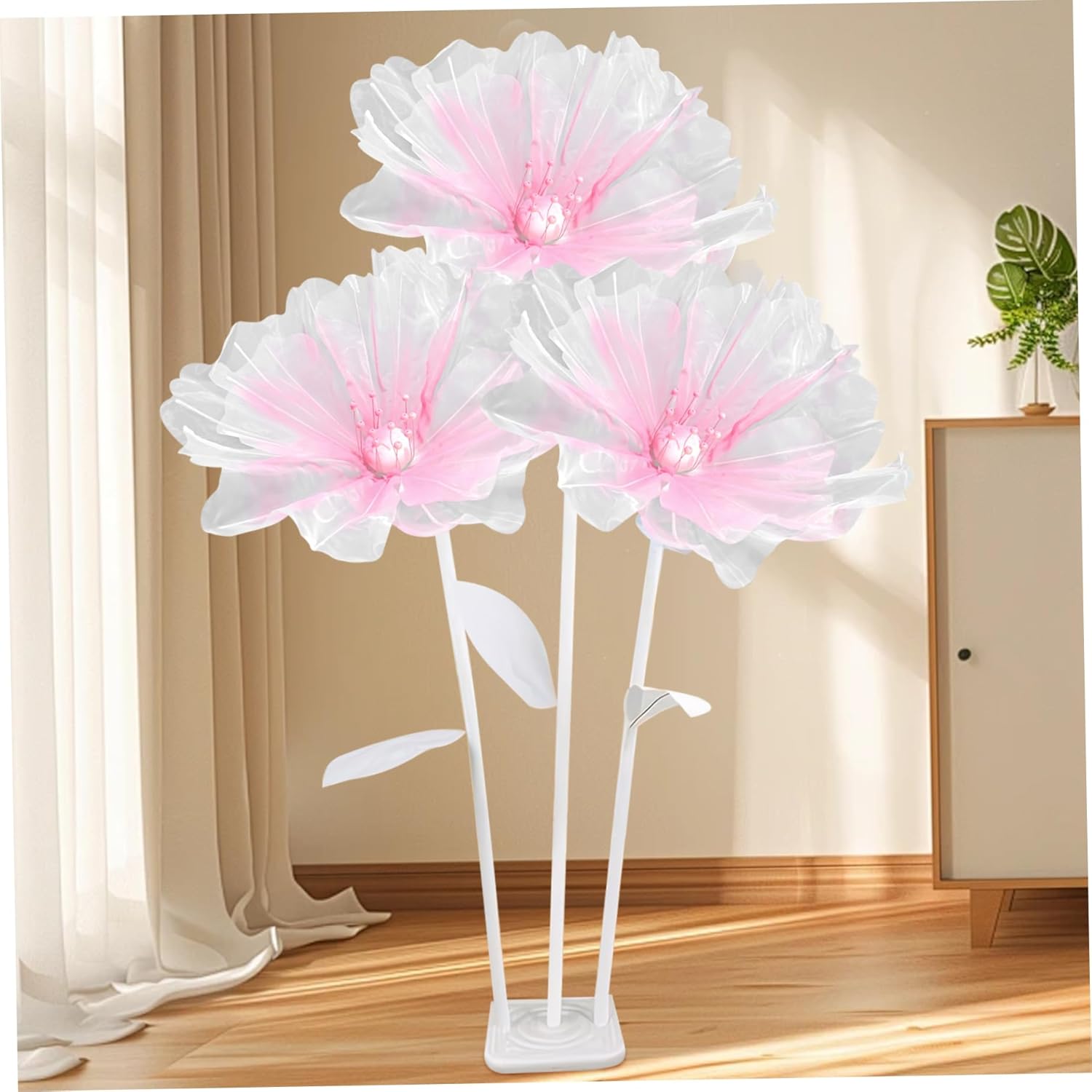 Naisicore Giant Flower Decorations, 1 Set Large Gauze Flowers Wedding Decor with 3 Flower Heads & Stand, Wedding Party Banquet Background, Photographic Props, Shop Window Display (Pink)