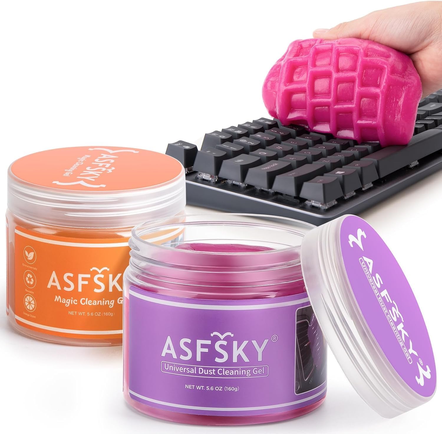 ASFSKY 2 Stück Tastatur Reinigungsgel, Reinigungsgel für den Innenraum Zubehör Innenraum Schleim Reiniger Universeller Reinigungsschleim für Auto, Computer, Drucker, Kameras (Orange+Rosa)