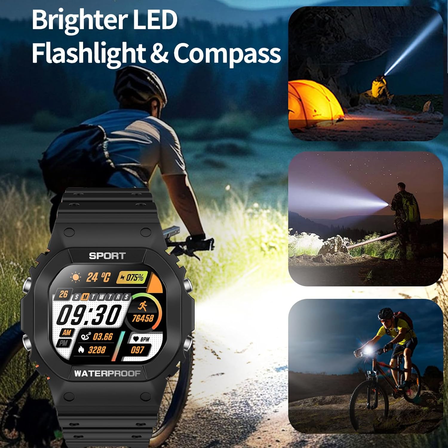 Yihou Military Watches for Men Smart Watches Fitness Watch Fitness Tracker with Heart Rate Monitor Sleep Monitor Flashlight for Android iOS Black