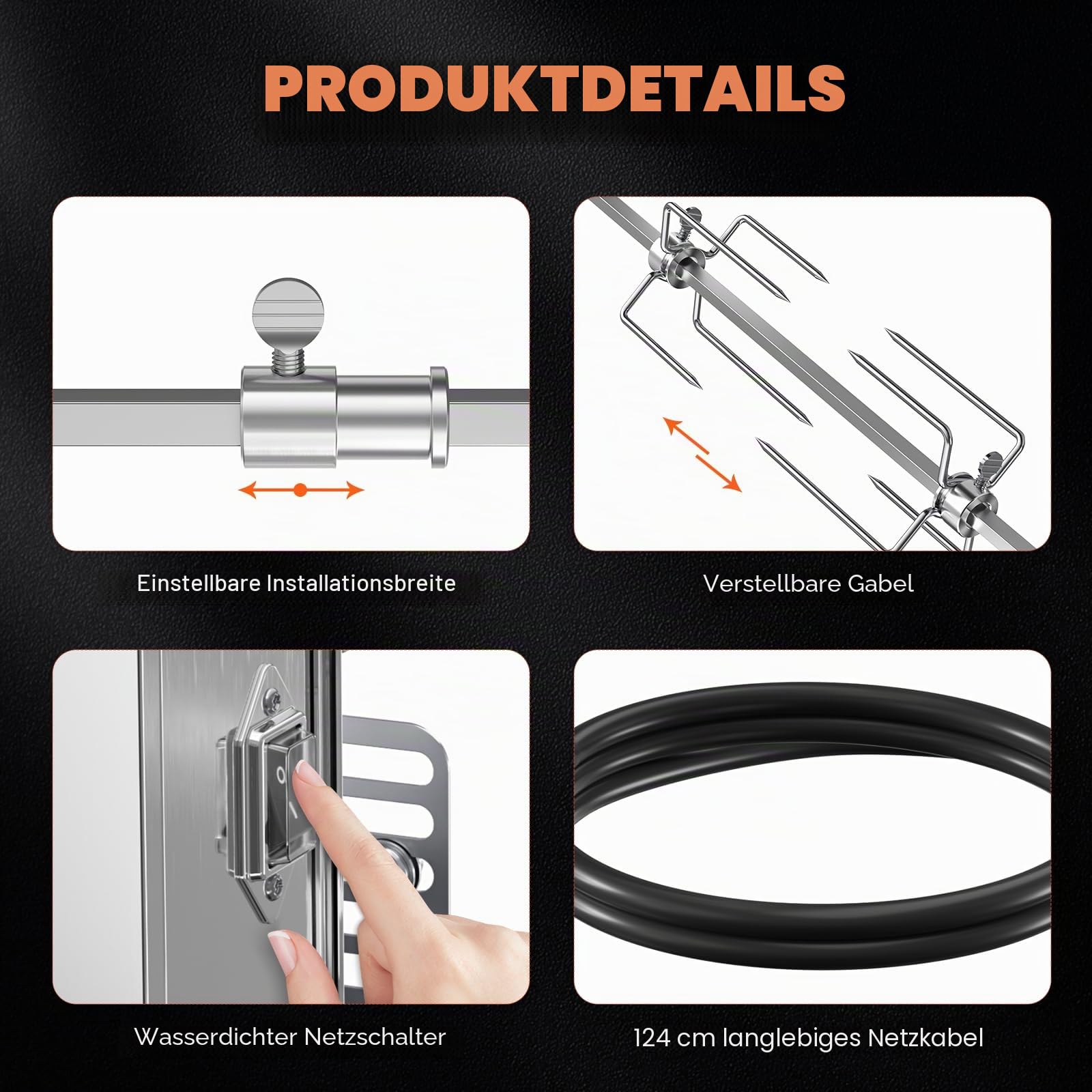 Drehspieß für Gasgrill, 360°automatischer Drehspießgrill mit 120V-4W Motor, 13-17Zoll-Spießstange,4 Fleischgabeln, kompletten Halterungen und Befestigungsschrauben für Campinggrills im Garten