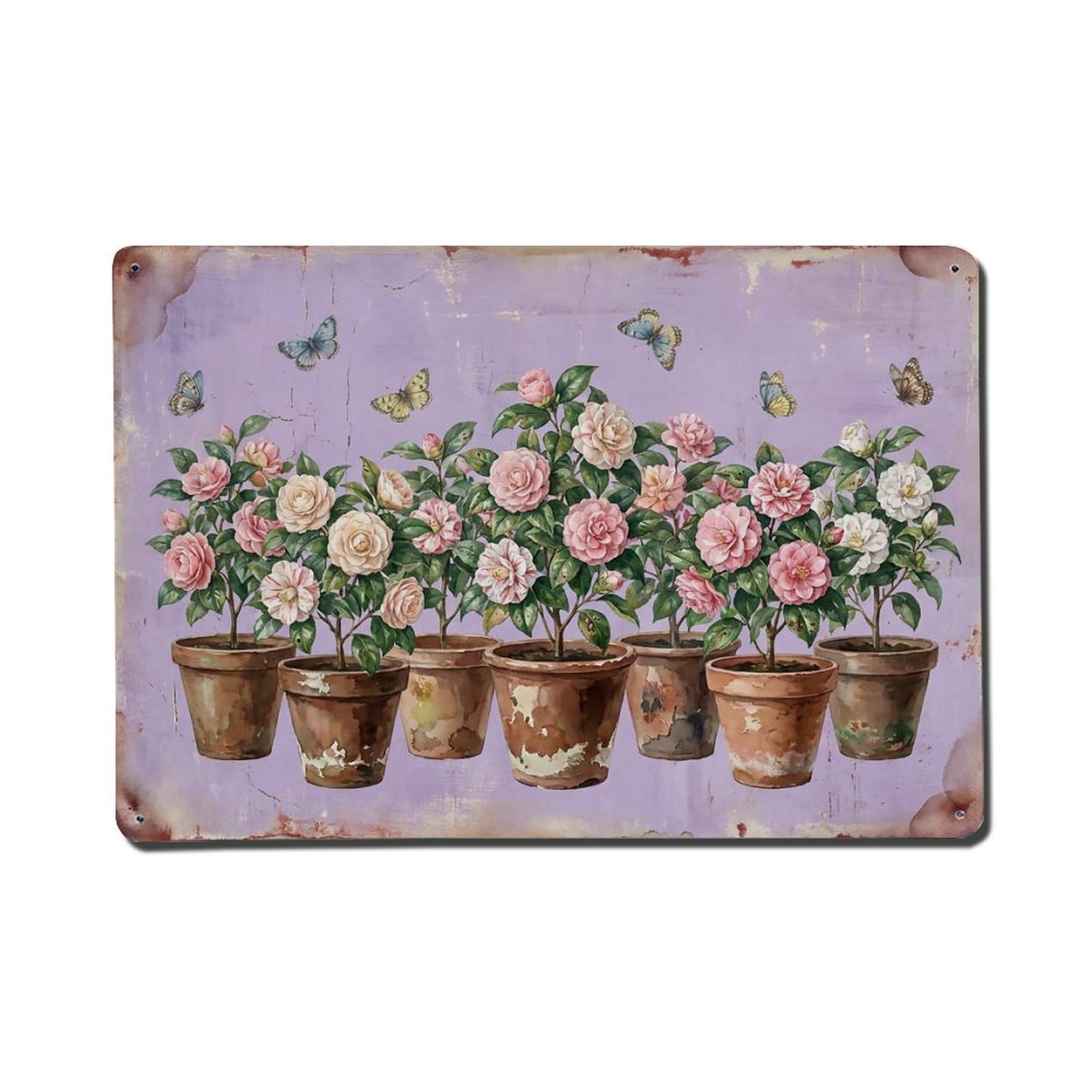 Vintage Rustic Flower Potted Plants Camellia Metal Tin Sign