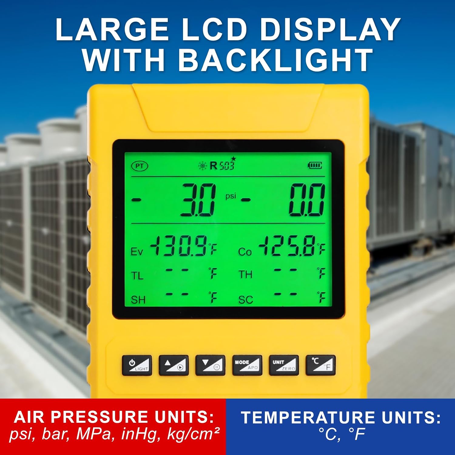Digital HVAC Manifold Gauge Set, Digital AC Gauges with 3 Hoses, 2 Temperature Clamps, and 2 Anti-Freeze Safety Valves, HVAC Gauges Compatible with R134A R410A R454B, R32 and 88 other refrigerants