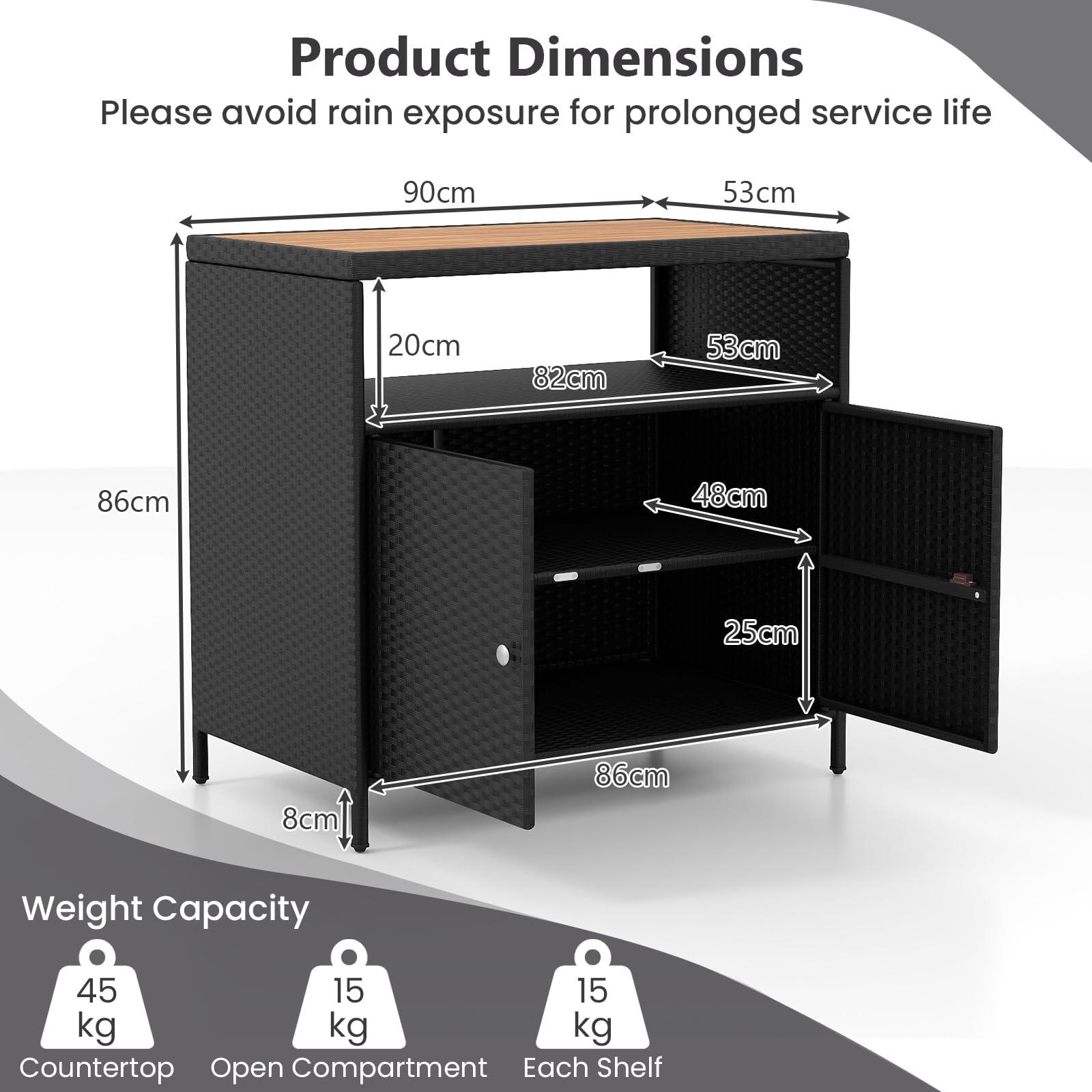 GIANTEX Armoire de jardin buffet en rotin avec plan de travail et étagère, armoire d'appoint pour jardin, balcon et piscine, 90 x 53 x 86 cm, noire