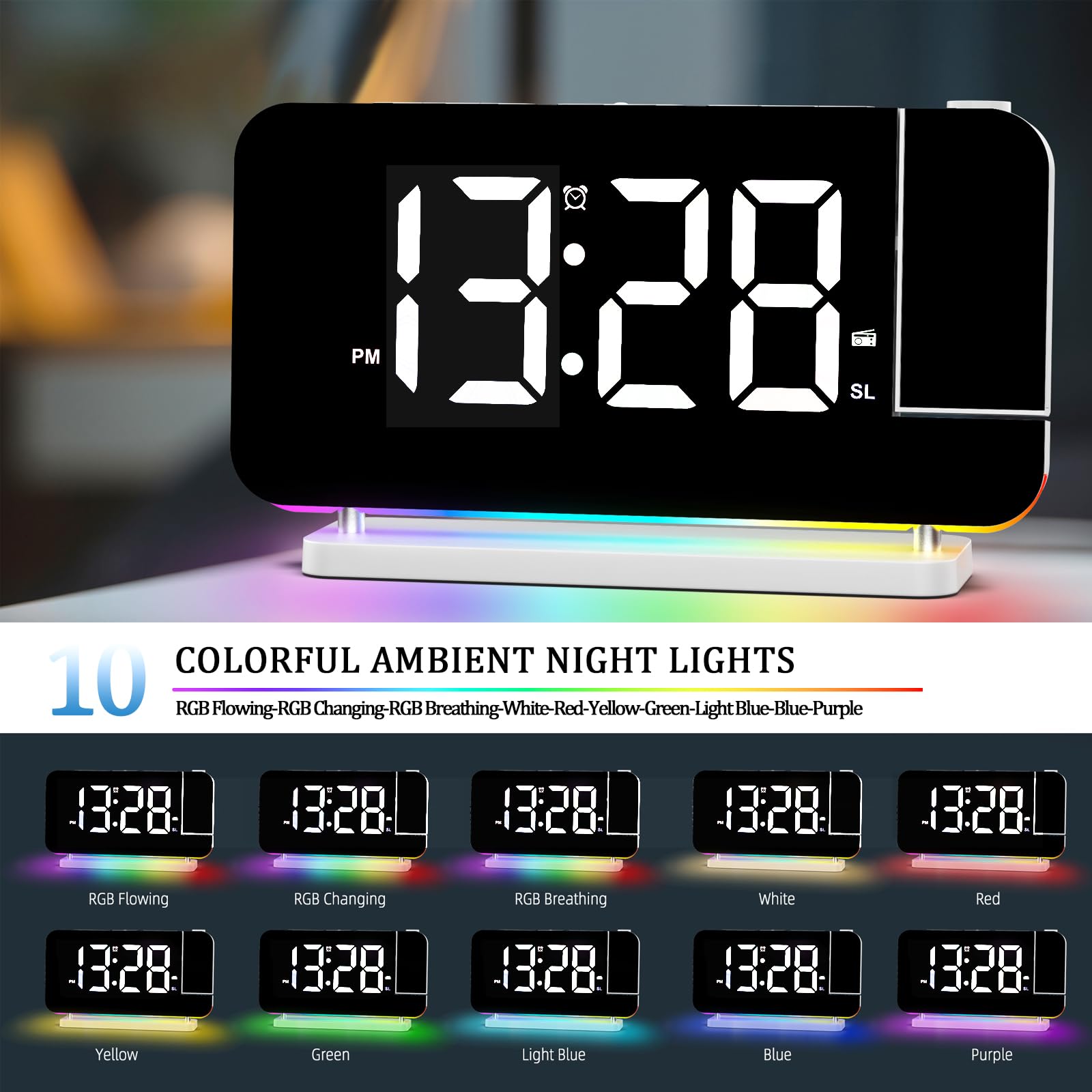 Radiosveglia Digitale con Proiezione e FM 6 Livelli Luminosità Schermo 4 Proiezione Snooze