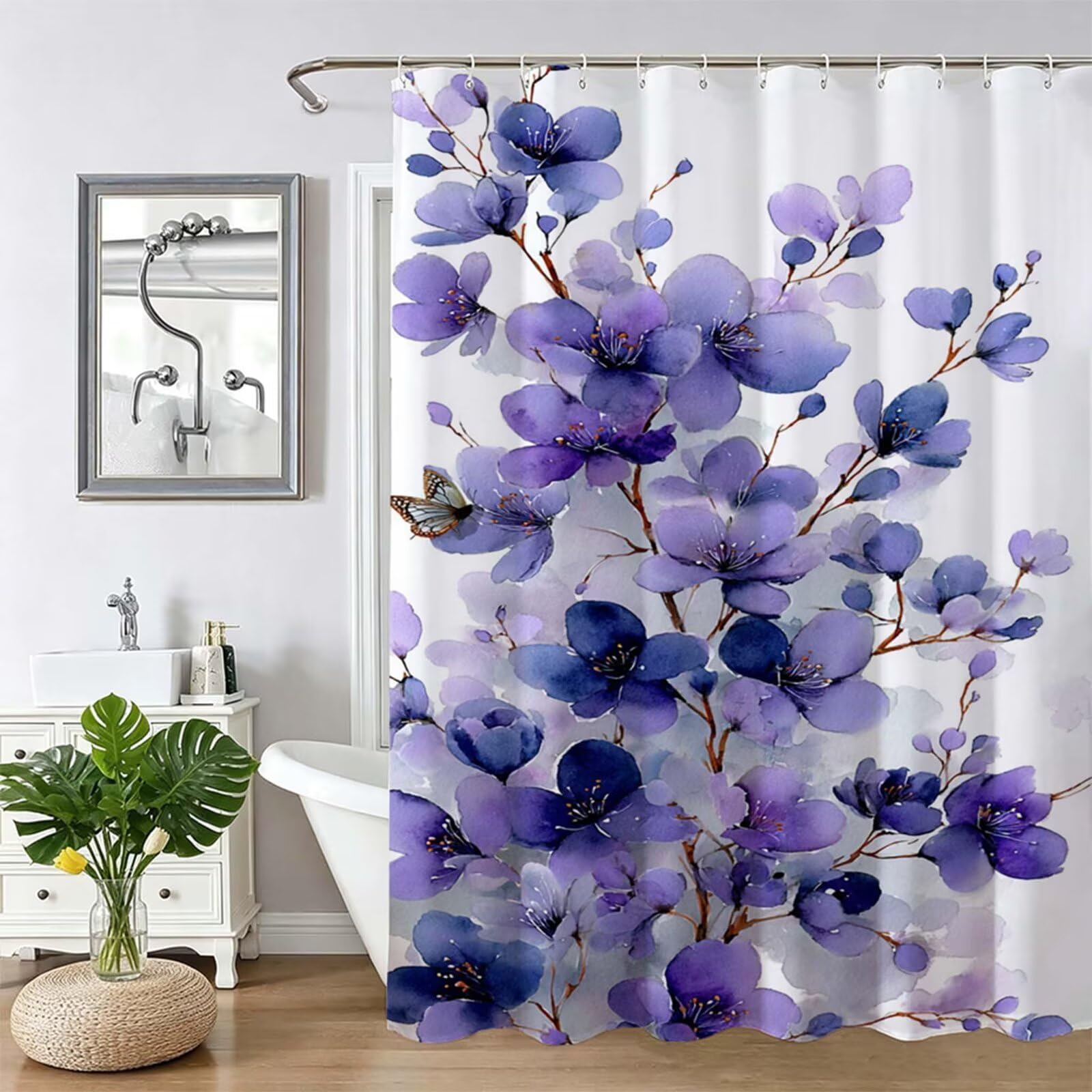 Tenda Doccia in Poliestere Viola,Tende per Doccia Extra Lunga 240x200cm,pianta Tenda Vasca da Bagno Tessuto Lavabile,Impermeabile e Facile da Pulire,con 12 Ganci,Decorazione per Bagno,Hotel Z-404
