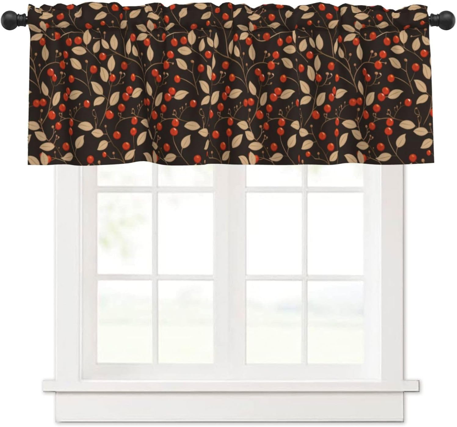Valance for Windows Autumn Red Brown Berry Leaf Kitchen Curtains Valances Rod Pocket Window Treatment Short Topper Curtains for Living Room Bedroom Bathroom 1 Panel 54x18 Inch