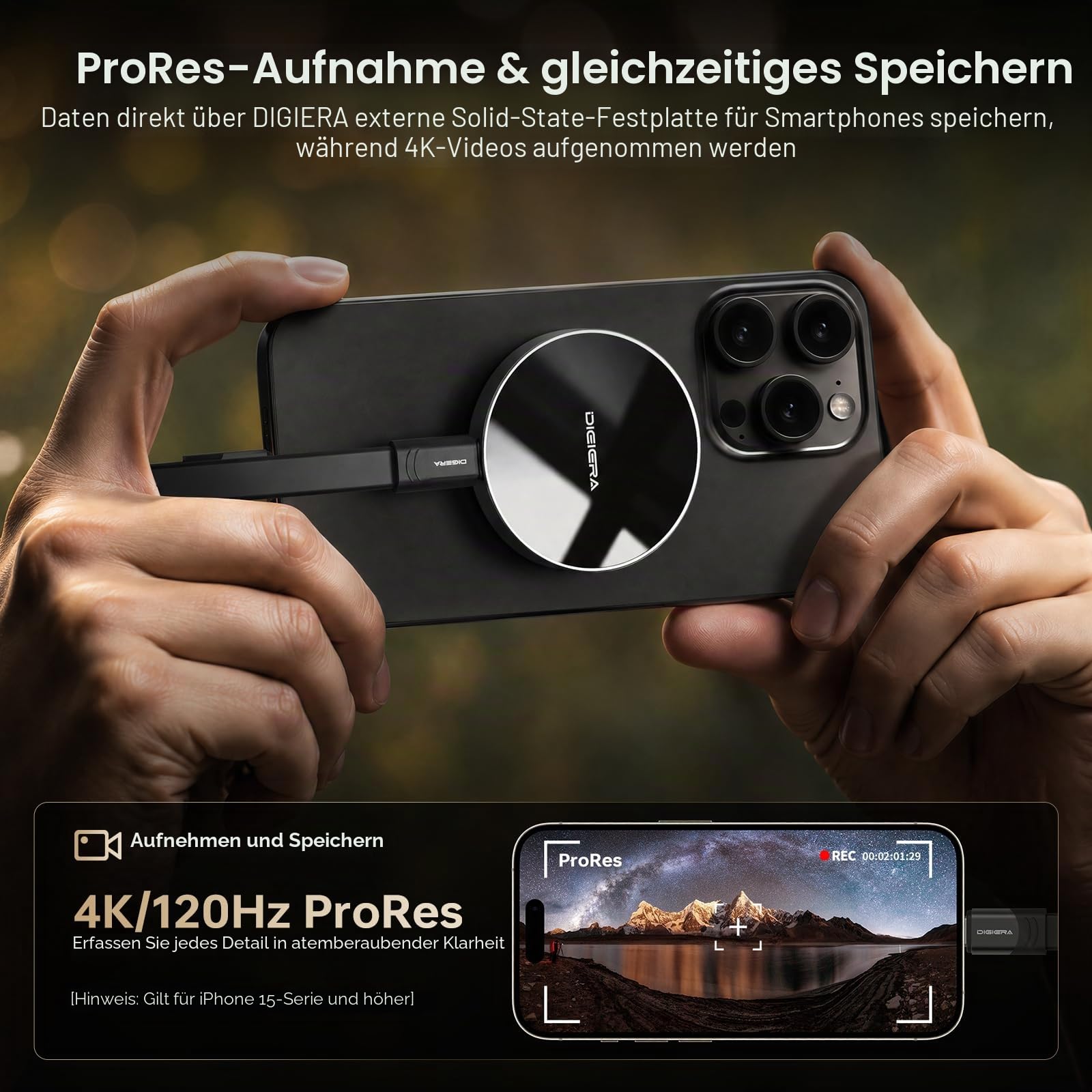 DIGIERA 1TB Magnetische Tragbare SSD, Externe Festplatte Mit USB-C 3.2 Gen 2x2, Geschwindigkeit Bis Zu 2000 MB/S, Kompatibel Mit iPhone 15/16 Series,PC/Laptop, und Anderen USB-C-Geräten,Schwarz