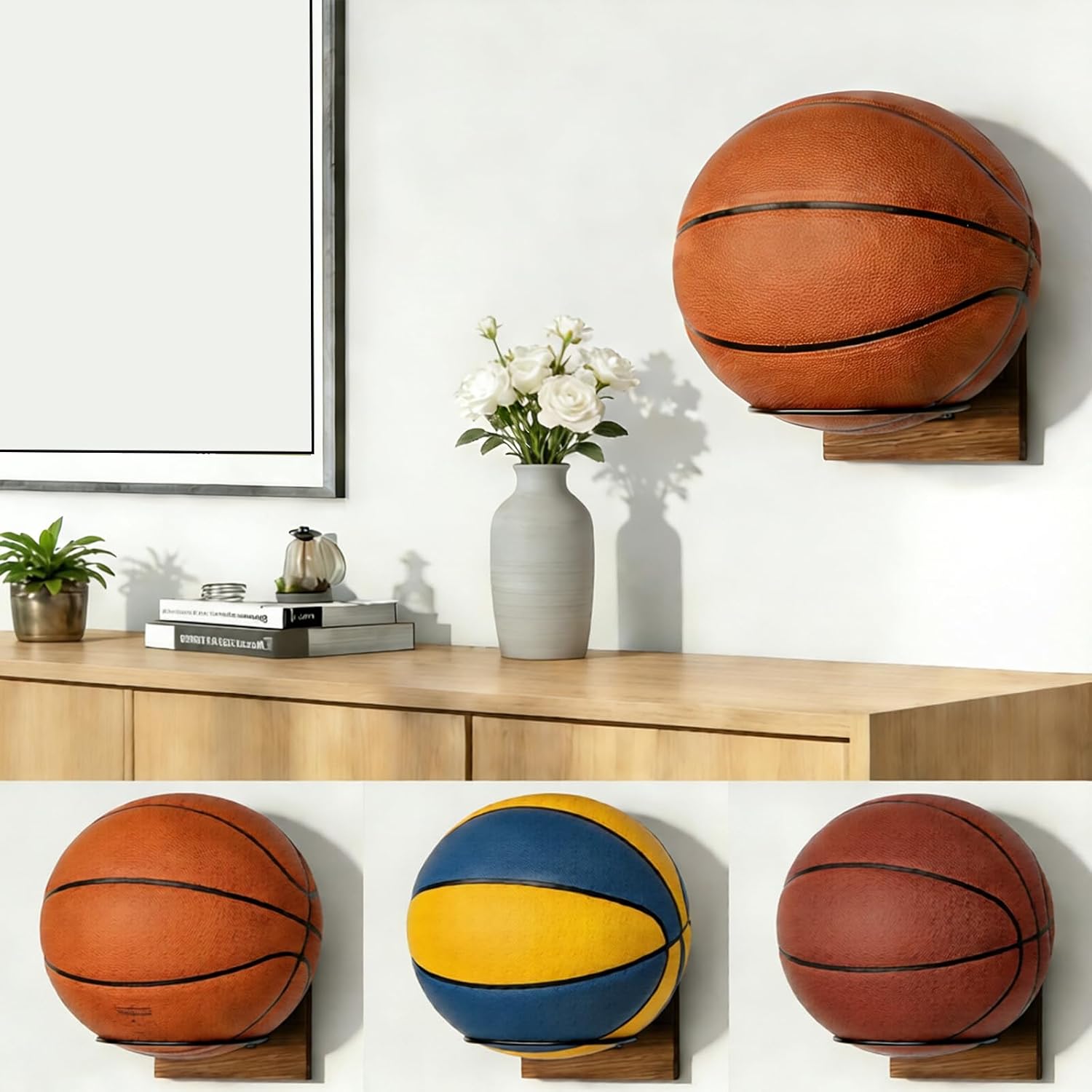 Pack of 4 Easy Install Wall Mounted Sports Sphere Possessors Constructed of Wood and Metal for Quick Arrange and Neat Storage Any Space Multiple Sport Holder