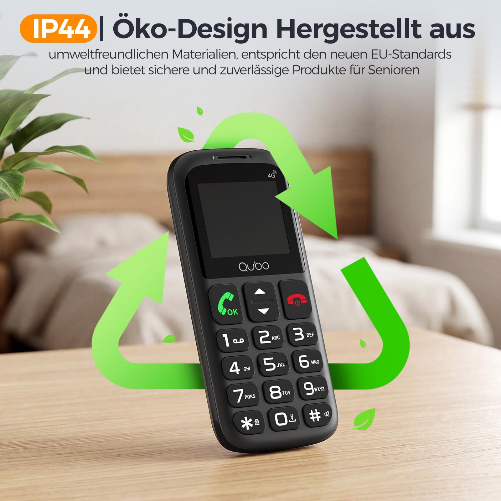 Qubo 4G Seniorenhandy ohne Vertrag |mit SOS-Notruftaste | Rentner Handy Große Tasten | Taschenlampe | Dual-SIM| USB-C | Tastenhandy mit Ladestation | 1,77 Zoll Farbdisplay