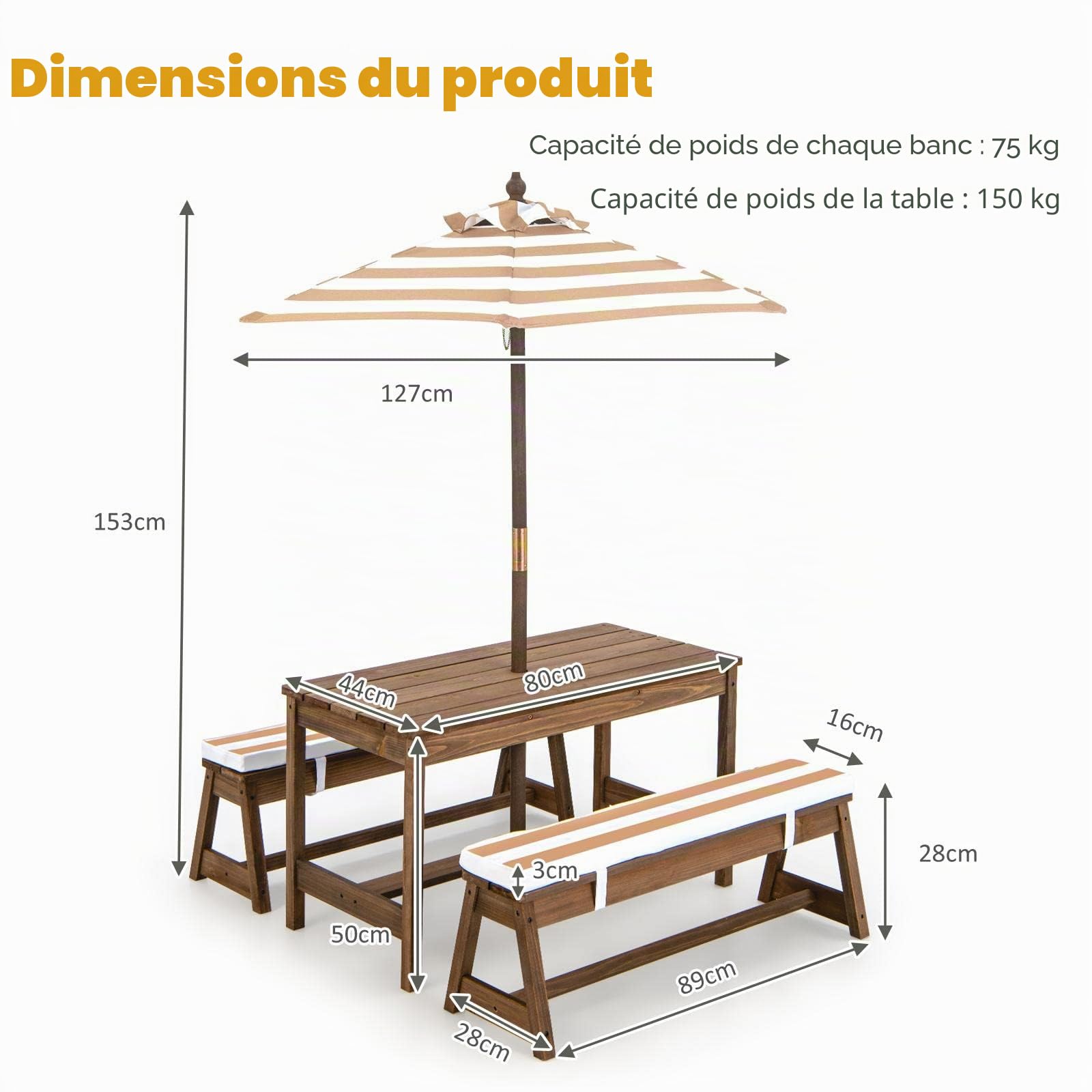 KOMFOTTEU Ensemble Sièges pour Enfant, 2 Bancs et Parasol réglable, Brun