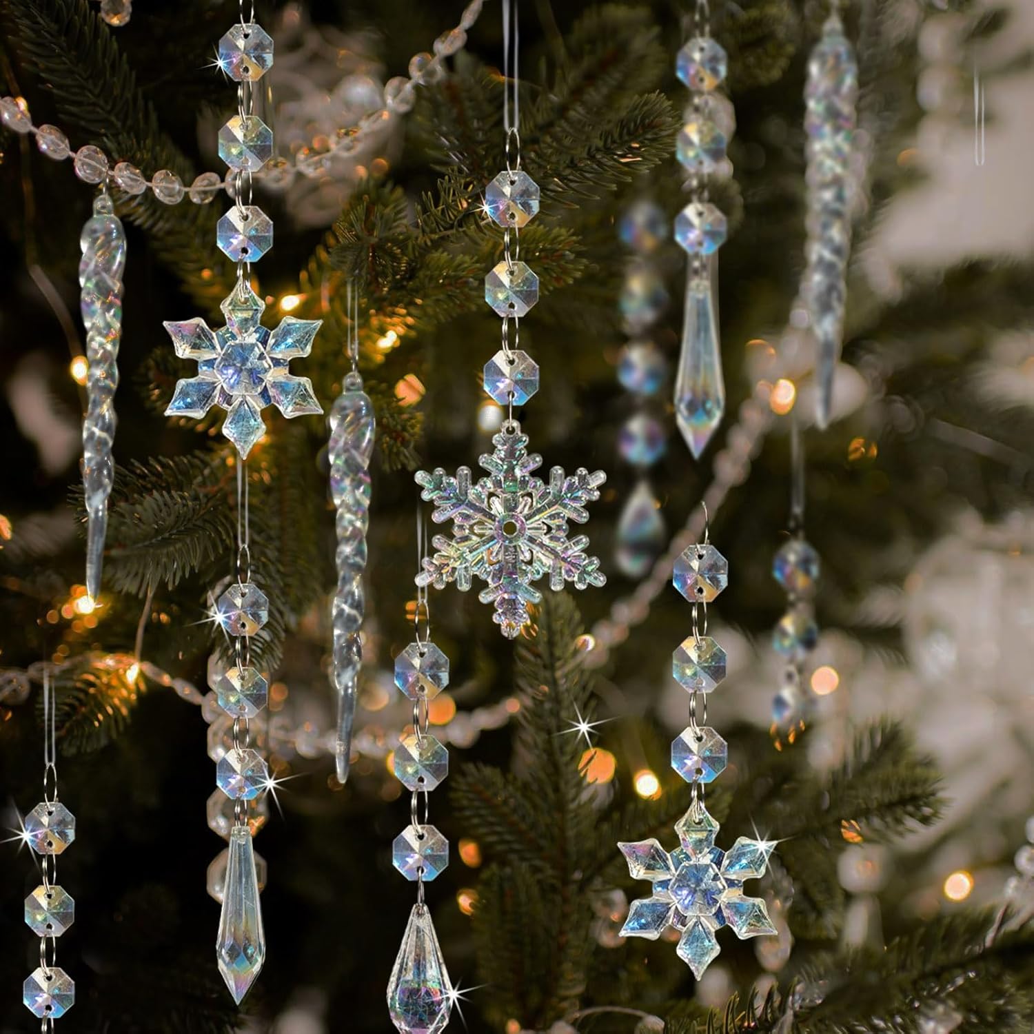 32pcs Christmas Decoration Crystal Ornaments - Iridescent Christmas Tree Ornaments Acrylic Snowflakes Drop Icicle Pendants Hanging Ornaments for Xmas Tree Winter Holiday Frozen Party Decorations