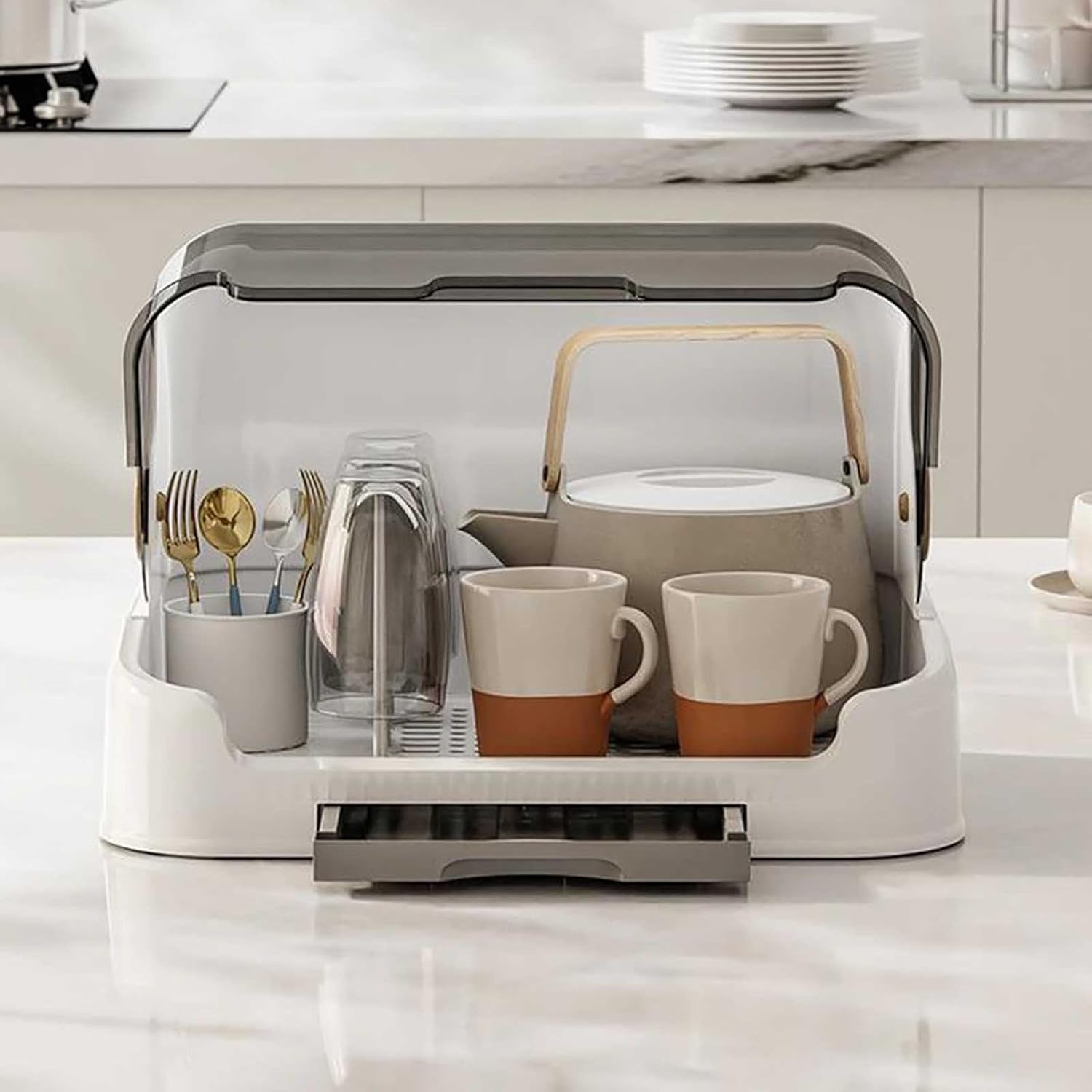 JOYO 2025 Large Baby Bottle Organizer with Cover ＆ Removable Drain Tray, Dustproof Portable Baby Bottle, Drying Rack Reusable Bottles Rack Holder Storage for Baby Bottles (Grey, Extra-Large)