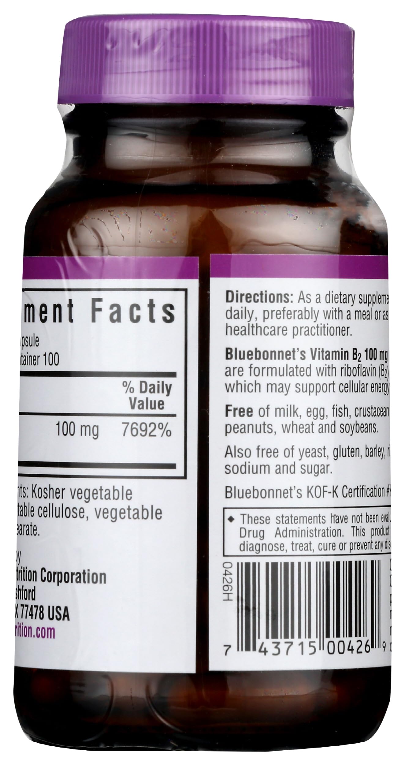 Bluebonnet Nutrition Vitamin B2 100 mg, For Cardiovascular and Nervous System Health, Soy-Free, Gluten-Free, Kosher Certified, Dairy-Free, Vegan, Non-GMO, 100 Vegetable Capsules, 100 Servings — Amazon image 4