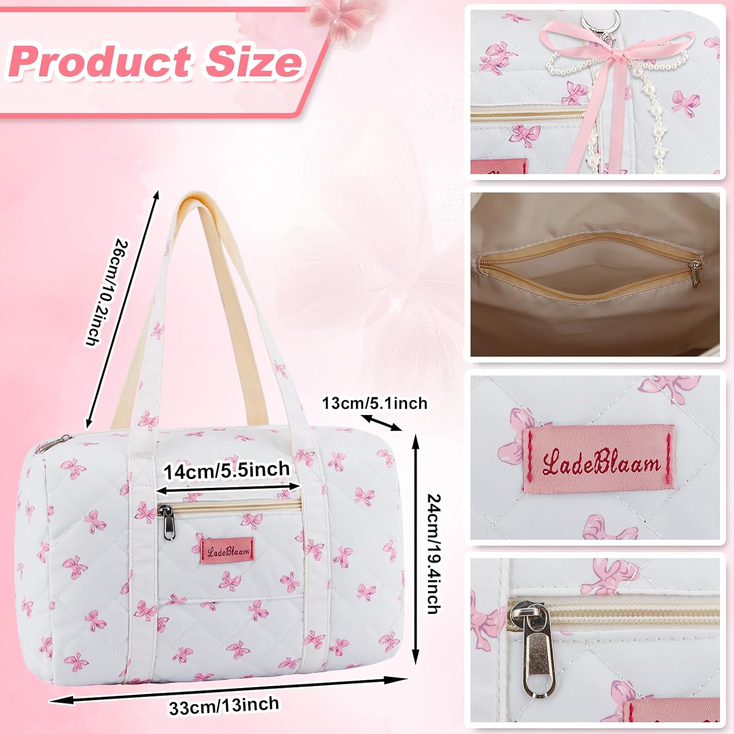 Coquette Bag with Ribbon Pearl Bow - Pink Bow Tote Bags Cute Travel Bag,Floral Quilted Duffle Bags for Women Girls,Coquette Aesthetic Y2K Girls Dance Bag,Weekend Bags for Travel Trip Work - Image 2