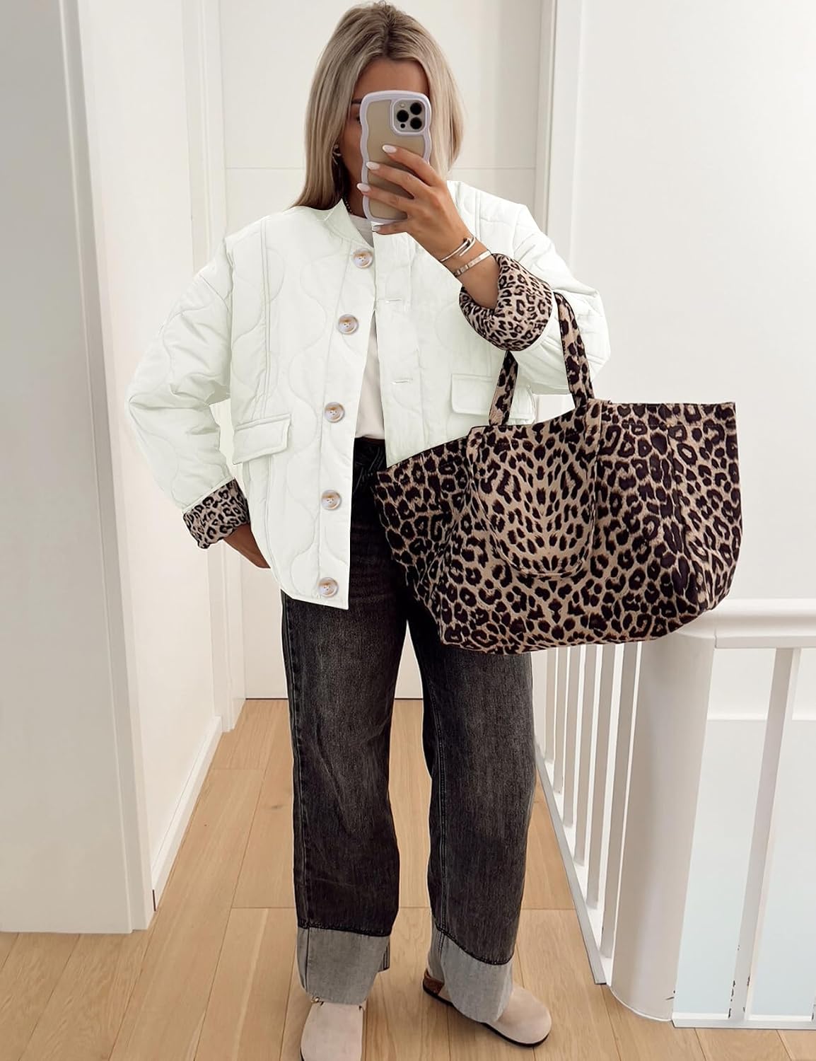 Flygo Women's Casual Quilted Puffer Jacket Leopard Lined Collarless Cropped Button Down Winter Warm Lightweight Bomber Coat