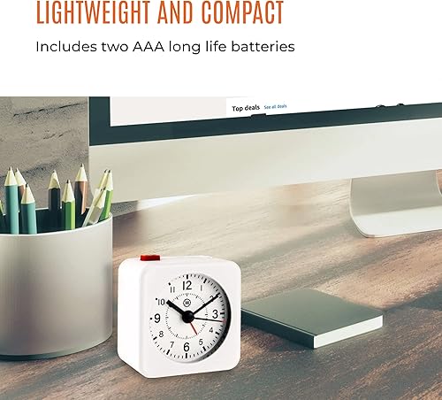Miniatura 6 de MARATHON Mini reloj despertador analógico sin tictac con luz negra automática, blancoblanco, barrido suave silencioso, funciones de alarma y