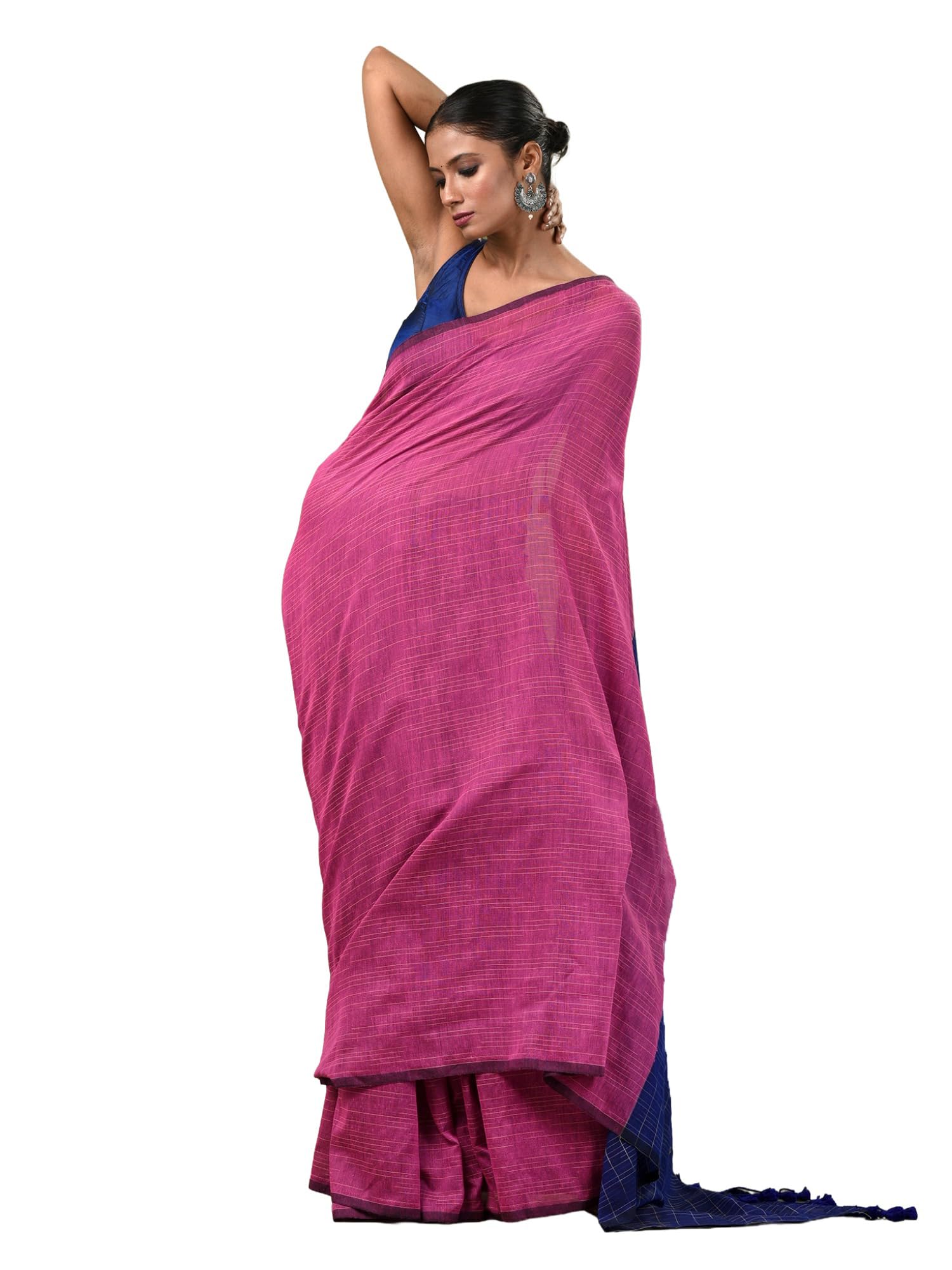 Pink Cotton Handspun Soft Saree With Contrast Blue Pallu-image-21