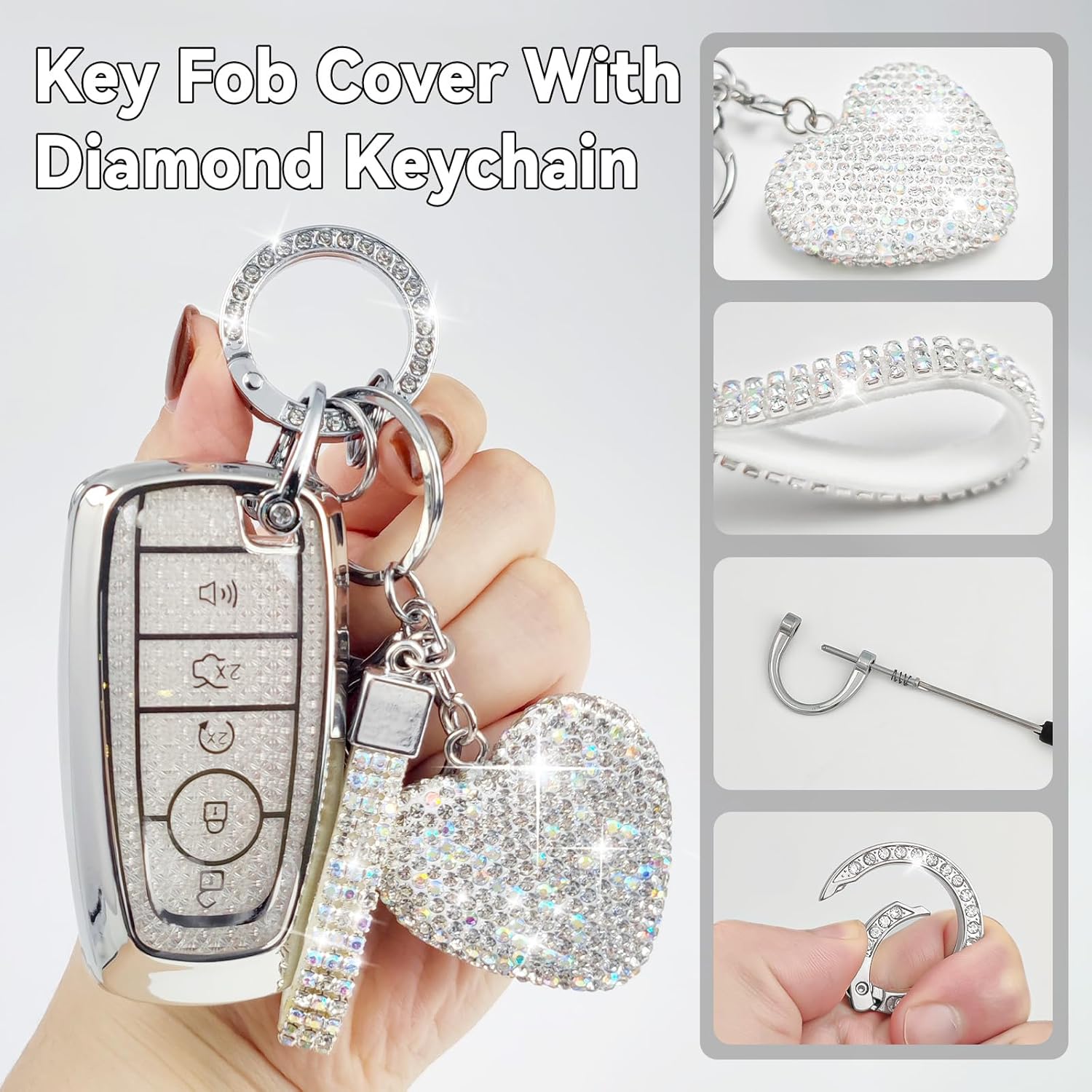 Nomiyo Key Fob Cover with Diamond Bling Keychain for Women, Compatible with Ford Fusion Escape Expedition Explorer Edge F150 F250 F350 etc, TPU Key Case and Elegant Heart Key Chain (Silver, 1PCS) - Image 3