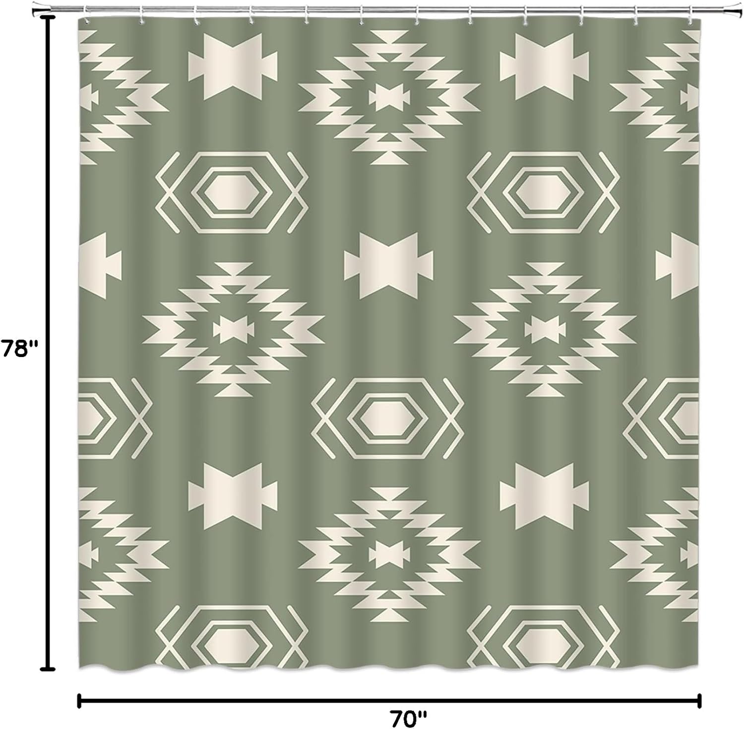 Western Boho Extra Long Shower Curtain Aztec Abstract Geometric Tribal Native Southwestern Sage Green Fabic with Hooks for Bathroom Decor,70x78 Inch
