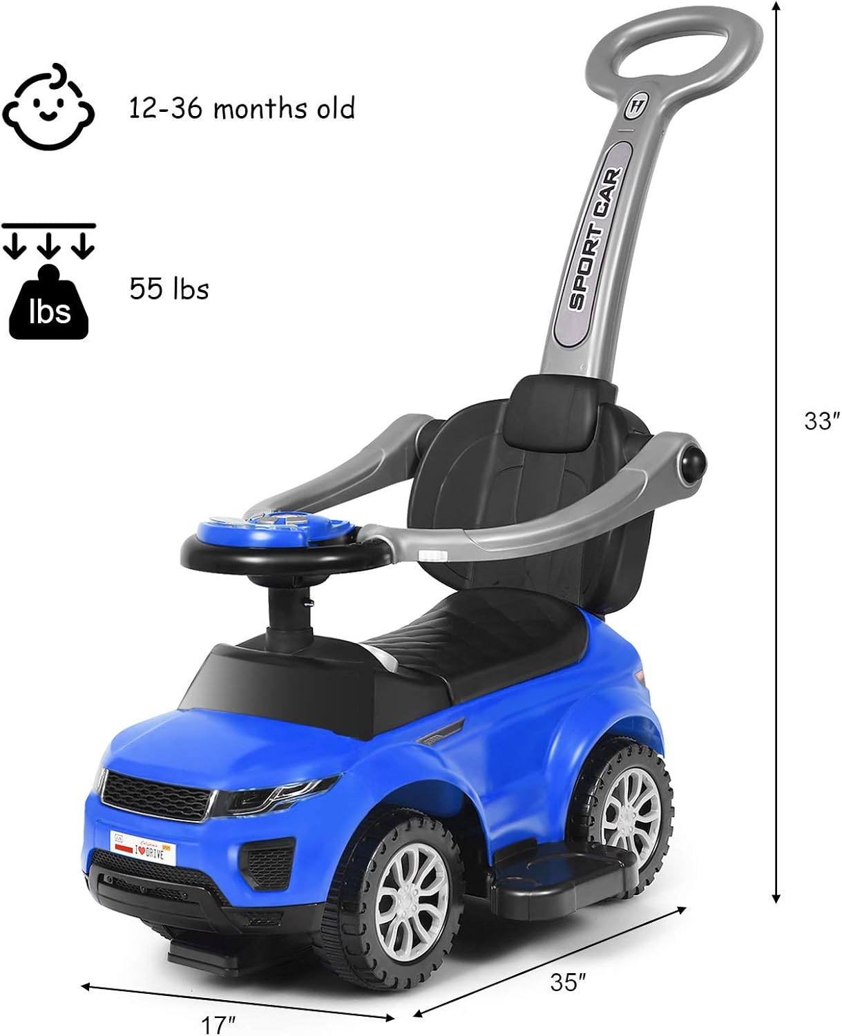 Costzon 3 in 1 Ride on Push Car, Stroller Sliding Walking Car with Horn, Music, Light, Under Seat Storage, Parental Handle, Armrest Guardrails, Ride on Toy for Boys & Girls (Blue)