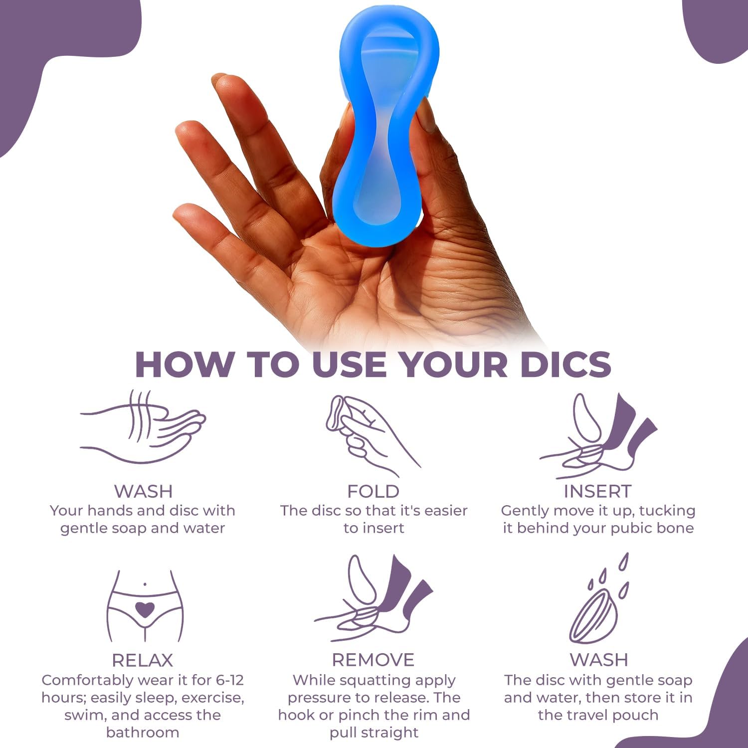 Disco menstrual reutilizable (paquete de 2) – Disco de silicona suave de grado médico para flujo ligero y pesado, protección a prueba de fugas de 12 horas, fácil extracción, copa menstrual, tampón y