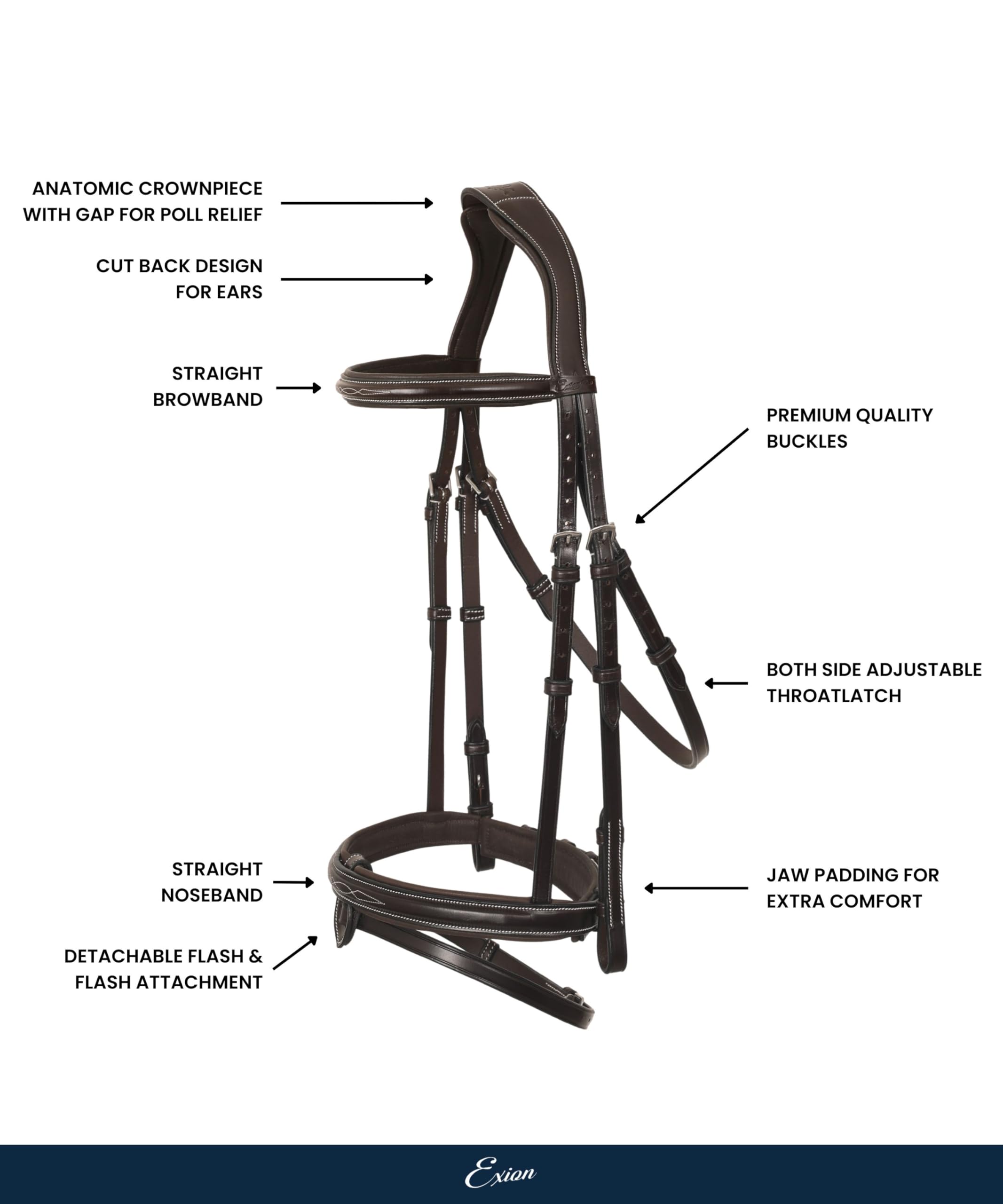 Exion - Brida de salto anatómica para caballos con muserola extraíble y riendas de goma, cuero curtido vegetal de primera calidad, hebillas SS, monocorona acolchada, costuras de diseño