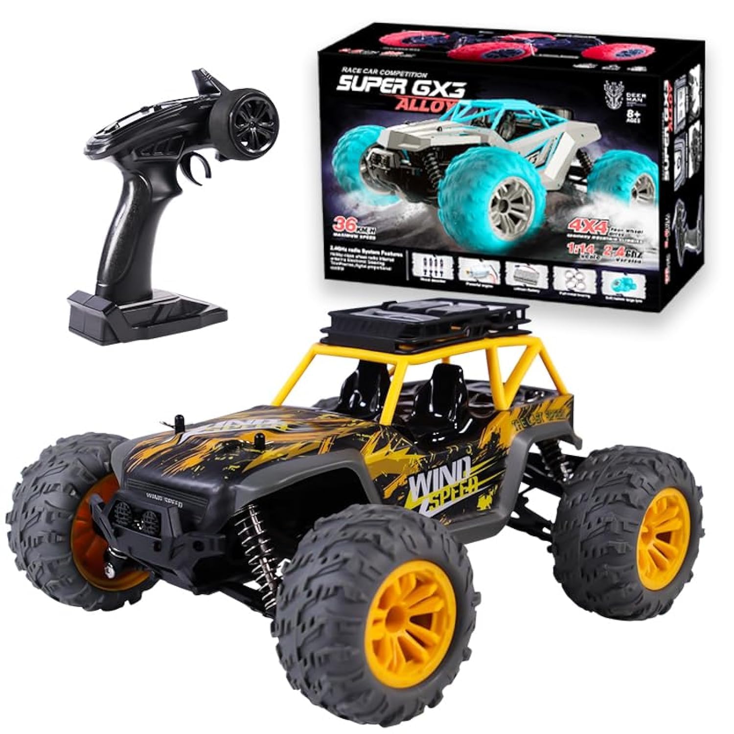 Remote Control Car, 1:14 Full-scale High-speed Off-road Vehicle & Land RC Car 2.4GHz Jeep Car SUV Crawler Car (Raptor - Yellow)