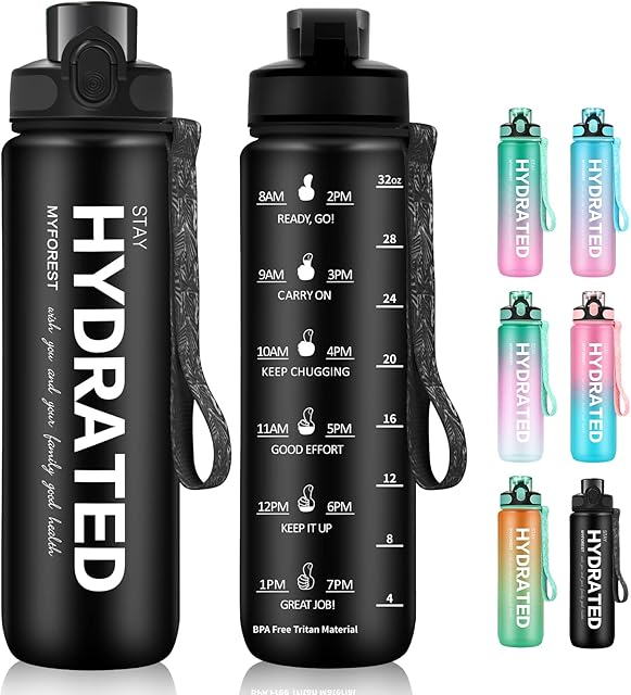 MYFOREST 1Litre Motivating Water Bottle with Straw & Leakproof Flip Top Lid,1L Sports water bottle with Time Markings,1000ml Gym Water Bottle BPA Free for Weight Loss, and Overall Health - Black