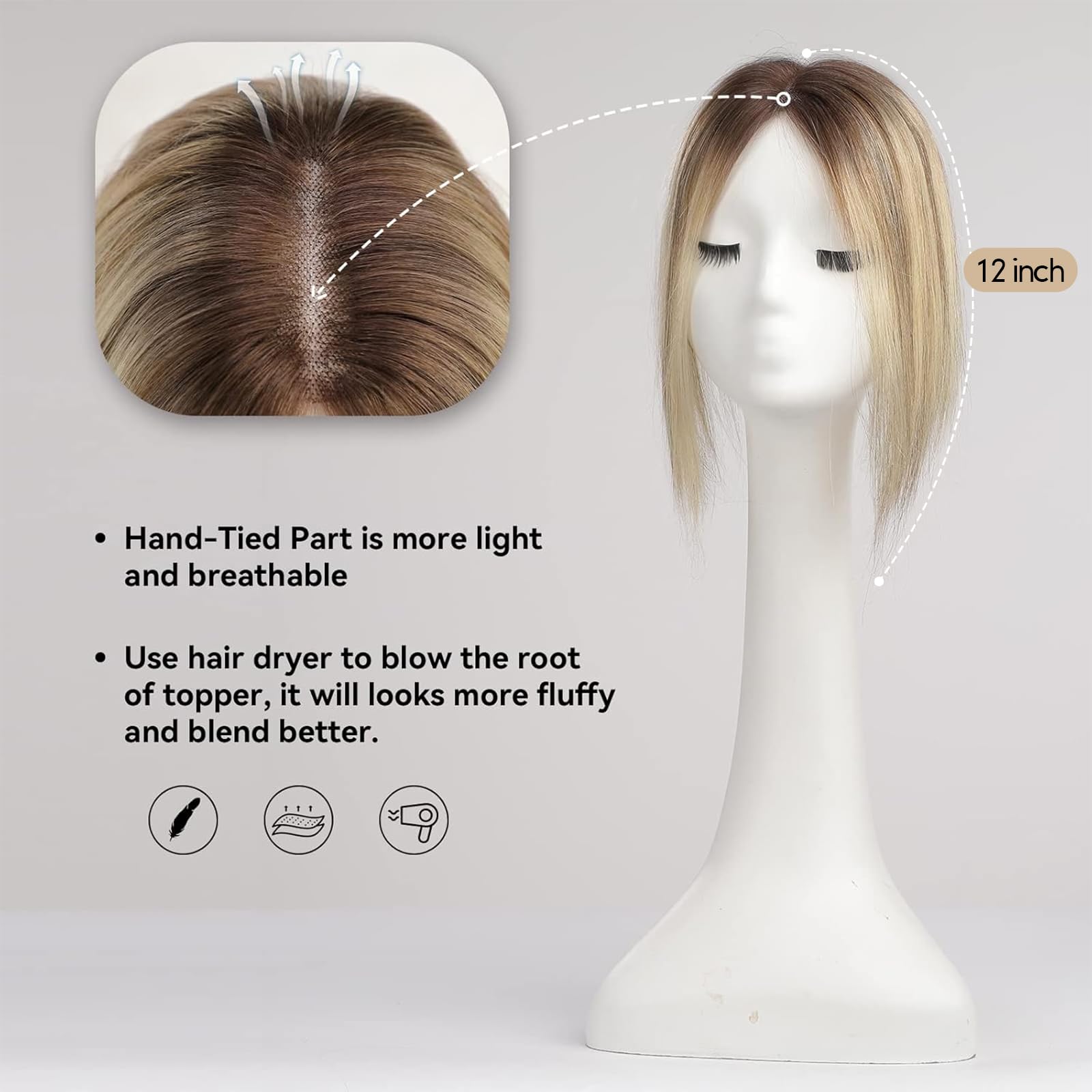 HAIRCUBE Remy menschliche Haar Toppers für Frauen, 100% 3.5in * 4in Hand-Tied Haar Toppers mit Schweizer Spitzenbasis 12in