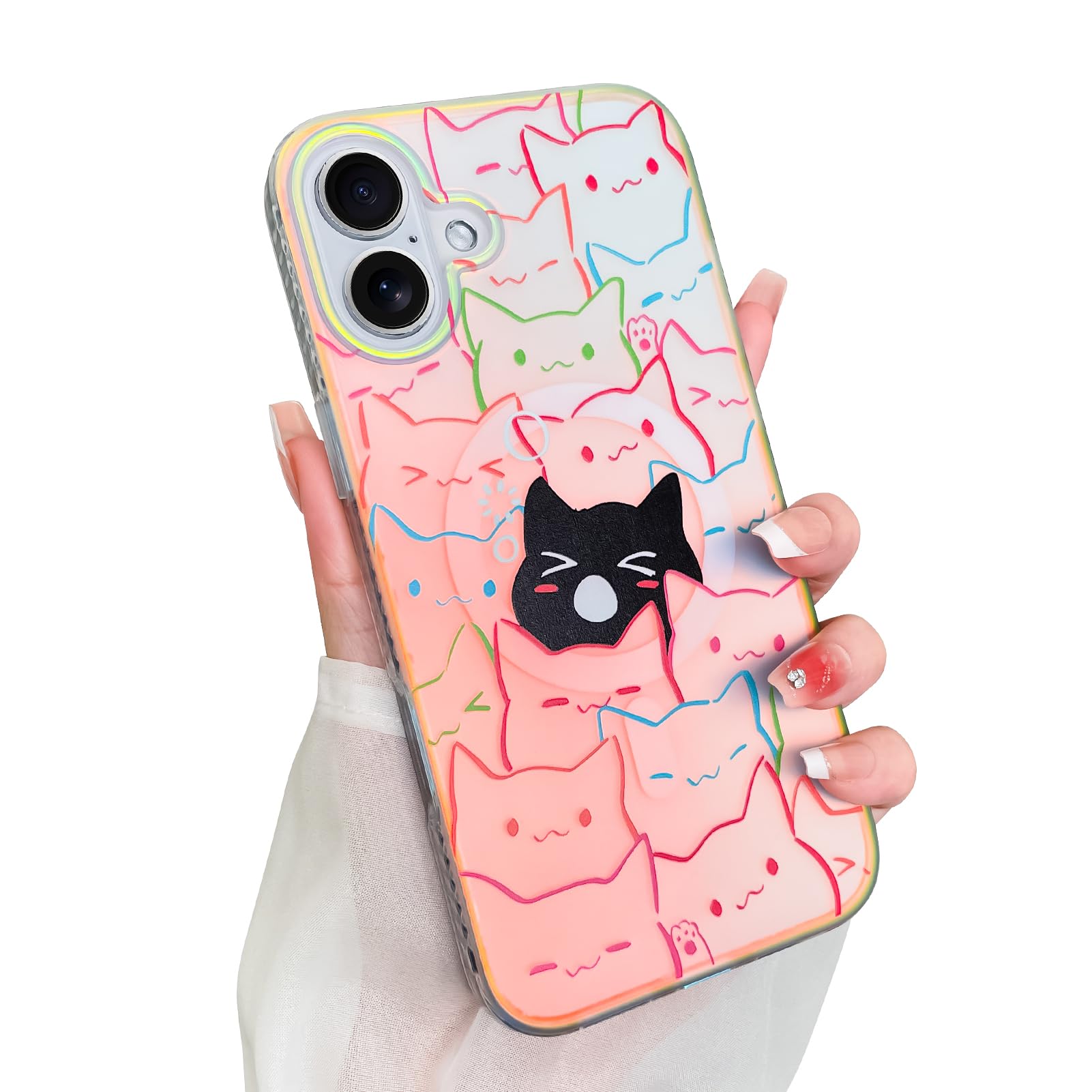 Heaofei Cute Case for iPhone 16 Case for Women Girls Boys [ Compatible with Magsafe ] Iridescent and Black Cats Cat Pattern Design, Kawaii Colorful
