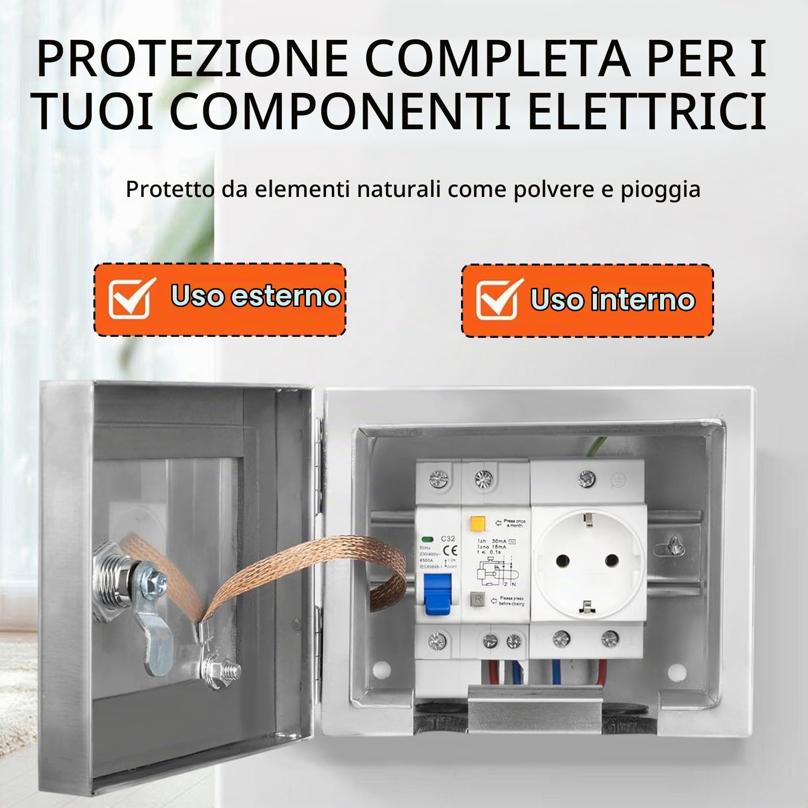 Scatola Elettrica da Esterno in Acciaio Inox, Armadio Elettrico Da Esterno con Interruttore di Dispersione 2P 32A e Presa Europea 250V/16A, Scatola di Distribuzione da Parete con Serratura