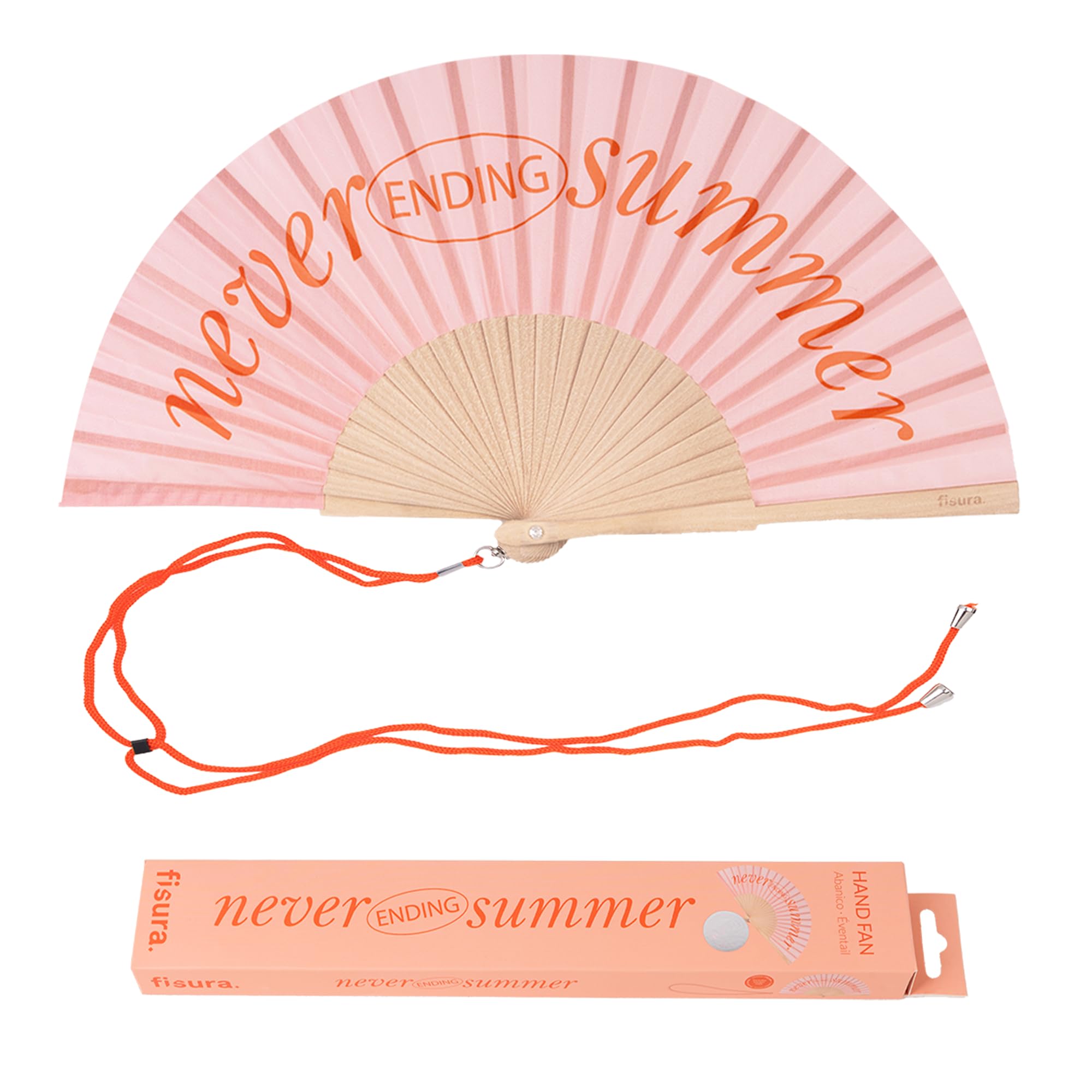 Fisura – Original Folding Handheld Fan with Fun Message never ending summer, Wooden Folding Fan for women, Orange Design with Hanger for Wedding, rave, festival - Size: 42.5 x 23 cm