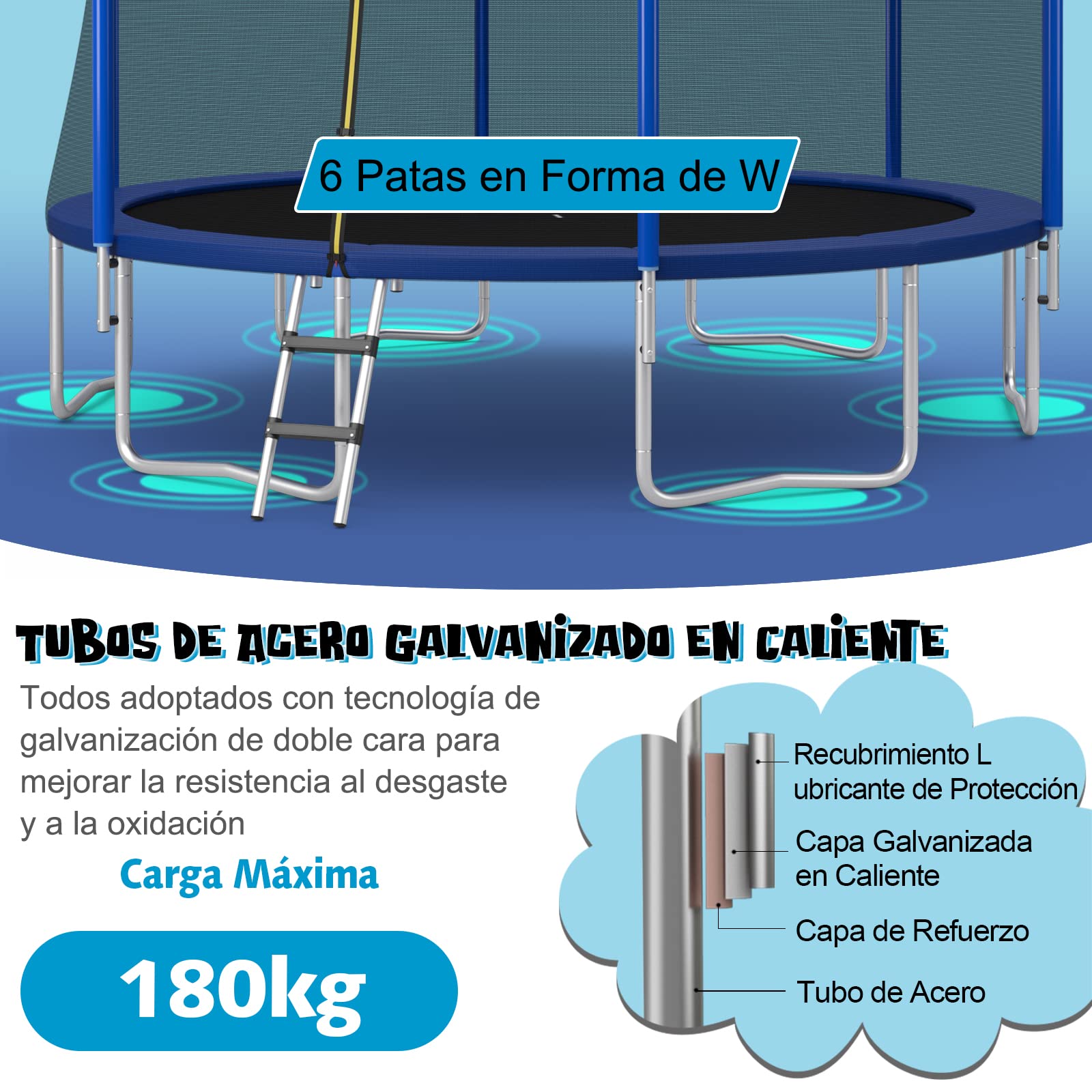 COSTWAY Cama Elastica Niños Exterior Ø366 cm, Trampolines para Niños y Adultos con Red de Seguridad, 72 Muelles y Escalera de 3 Peldaños, Cansta de Baloncesto, Cama Elástica Capacidad de Carga 180 kg