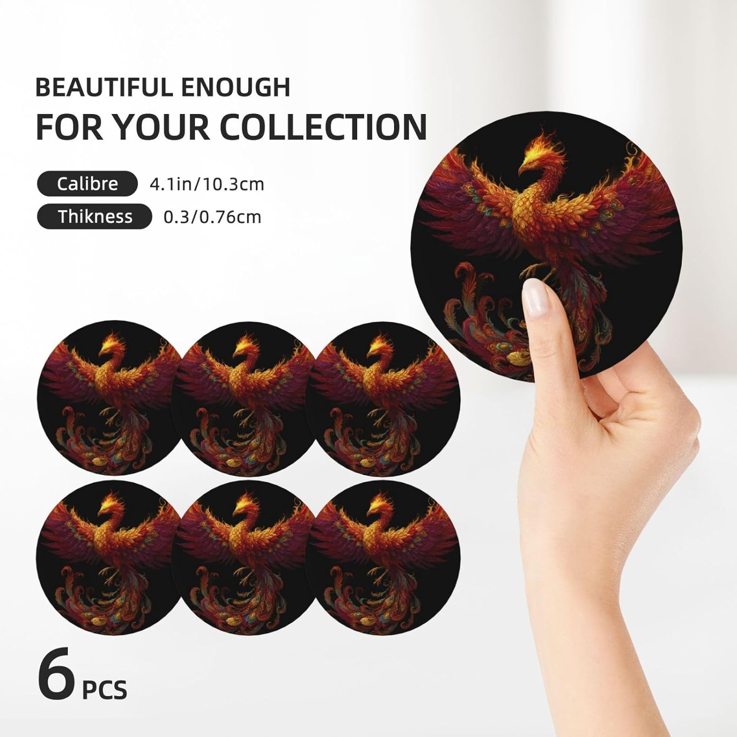 (Fantasy Phoenix) Ceramic Coasters Set of 6 with Holder Non-Slip Round Coffee Coasters for for Cup Mug Drink Patio Coffee Table Decor, Christmas Coasters Home Bar Supplies