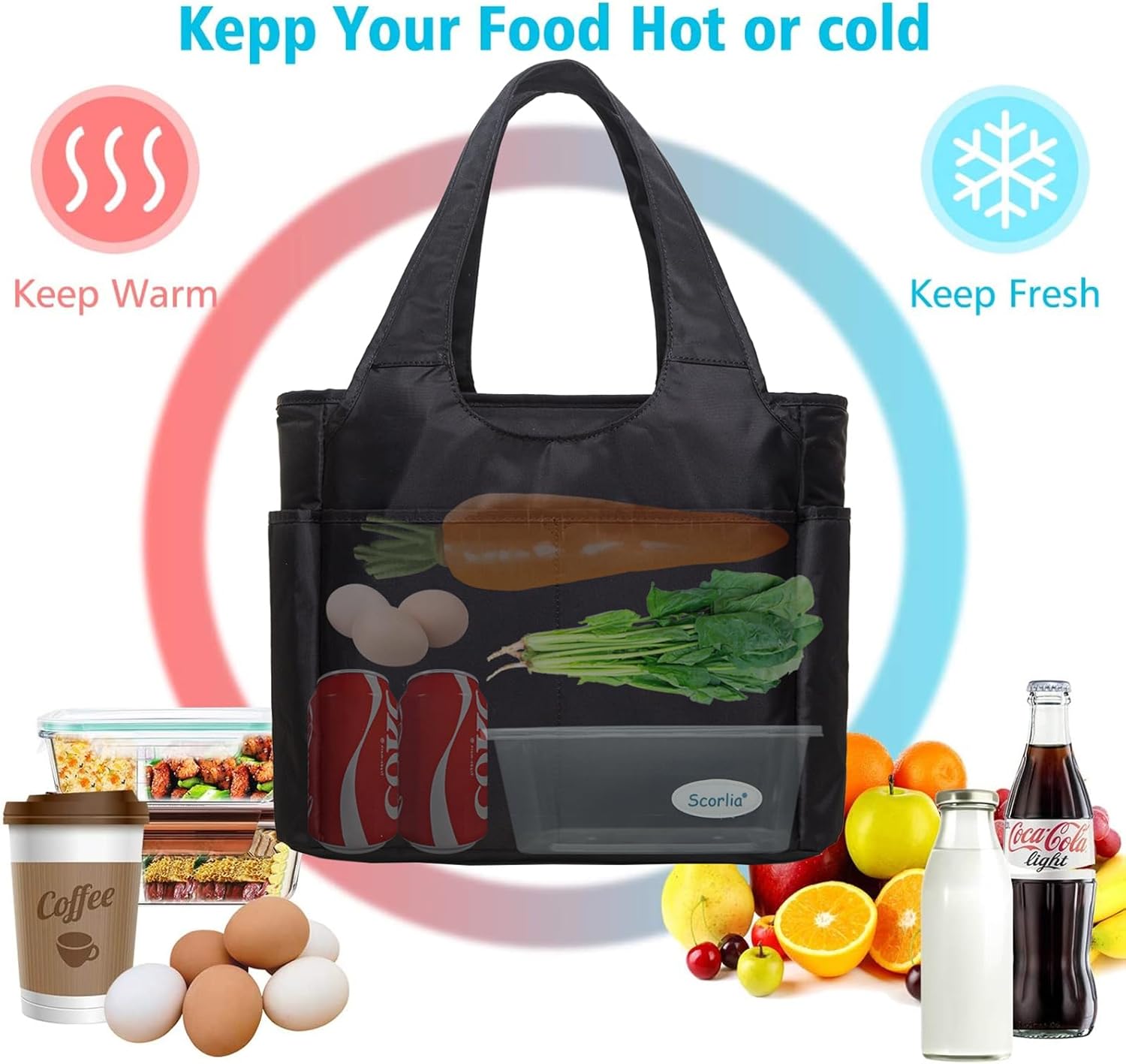 Large Insulated Lunch Tote Bag for Women Men, Leakproof Cooler Lunch Box Shoulder Purse with Side Pockets for Work - Black