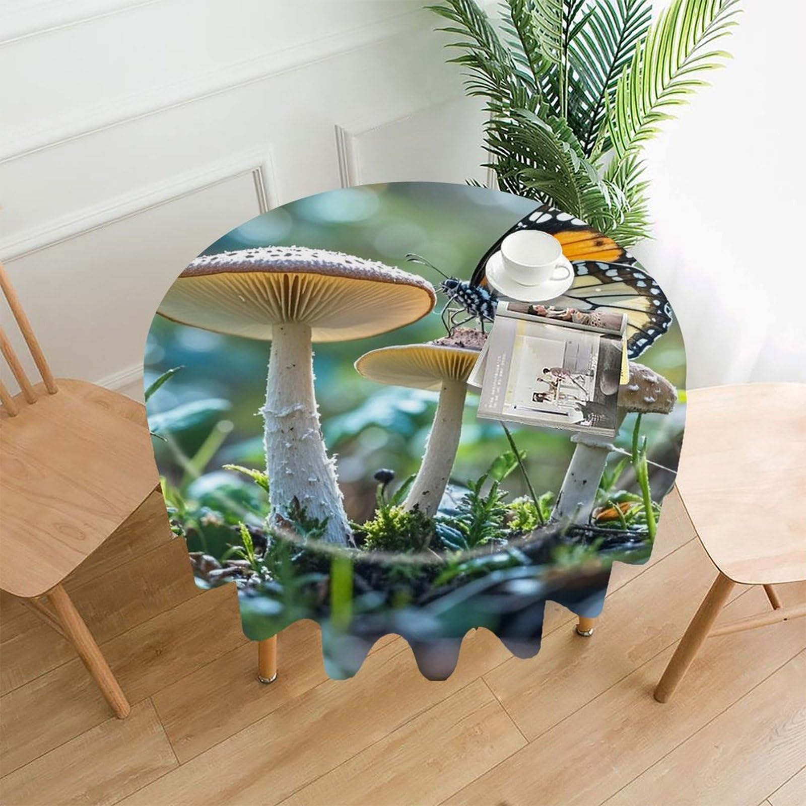 FekiLoot Butterfly Mushroom Tablecloth Decorative Round Table Cloth Wrinkle Resistant Washable Circle Table Cover Round Tablecloth for Picnic Party Camping Dining 60 Inch