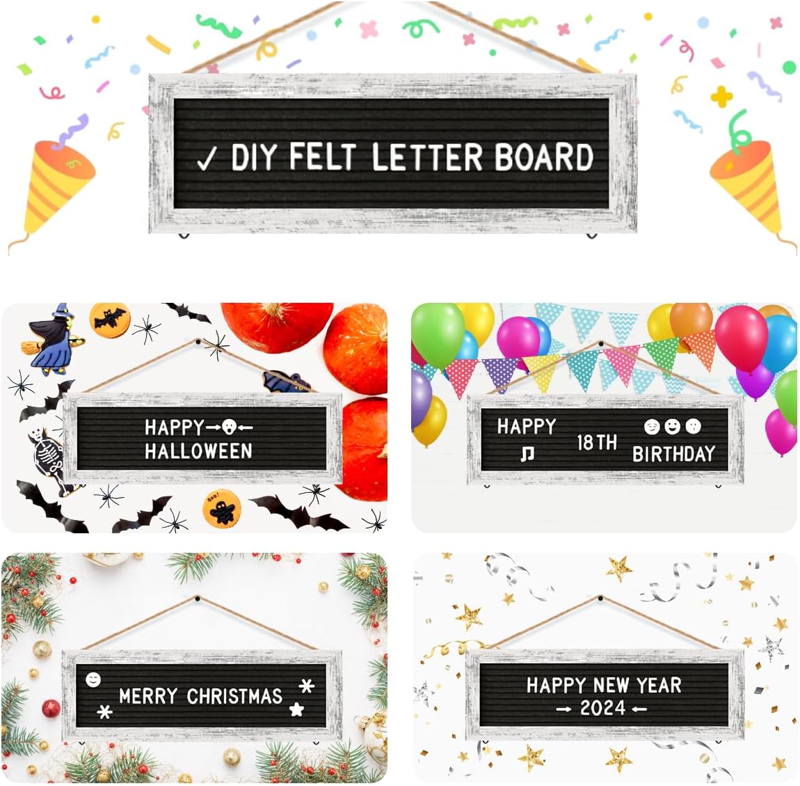CJIAWYS Hanging Photo Display Multiple Polaroid Picture Frames Collage Wall Decor, Felt Letter Board with 340 Letters and 15 Clips, DIY Cards Holder Frame Collage Set for Christmas Holiday Birthday