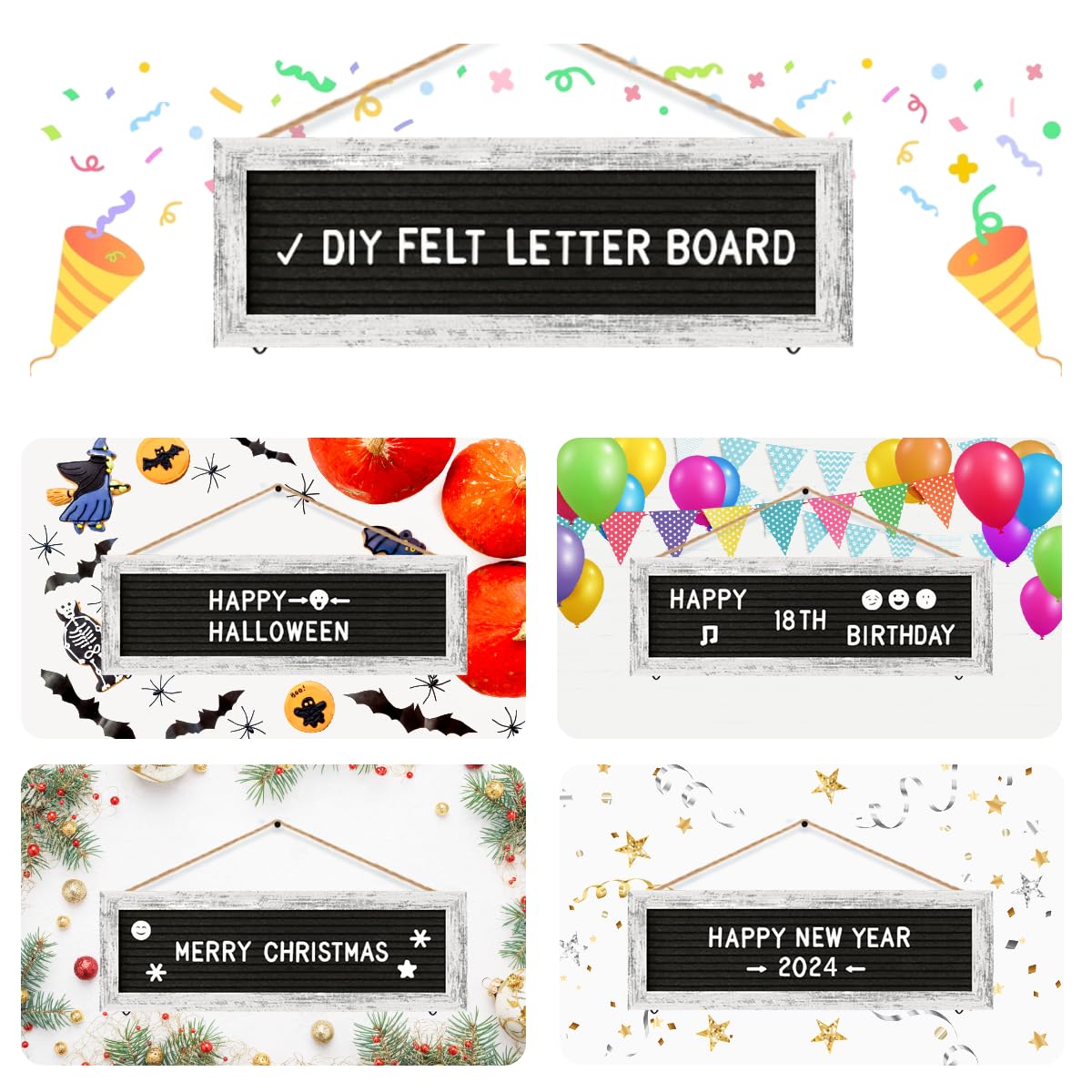 CJIAWYS Marco de fotos para colgar, múltiples marcos de fotos Polaroid, decoración de pared, tablero de letras de fieltro con 340 letras y 15 clips, juego de marco de collage para Navidad, vacaciones