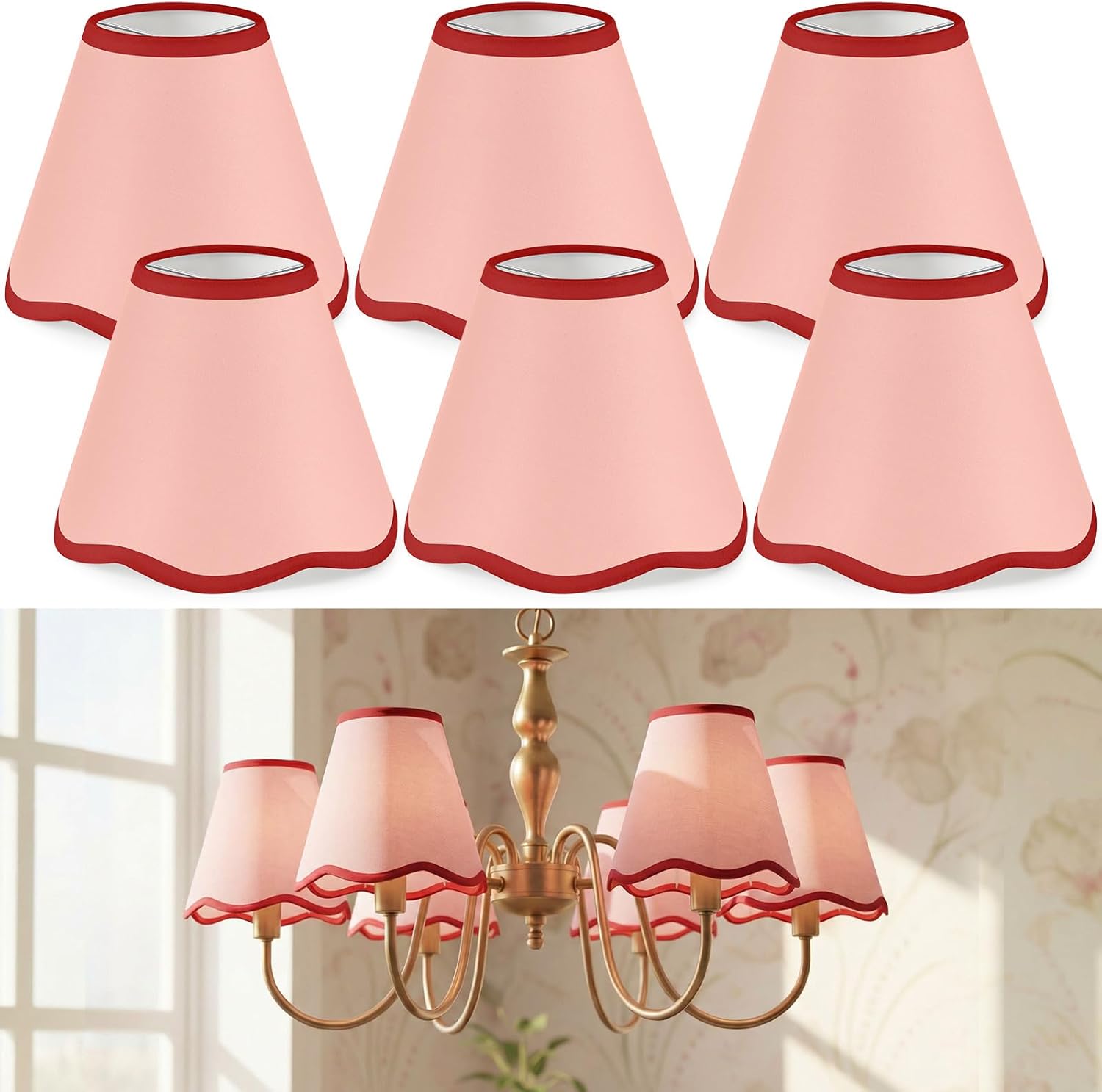 VIHOSE 6 Pack Chandelier Lamp Shades Mini Scalloped Bell Shade With Petal Edges 2.9" Top x 5.9" Bottom x 5.1"High Fabric Lampshade Clip On Bulb For Table Wall Living Room Bedroom Easy Assembly (Pink)