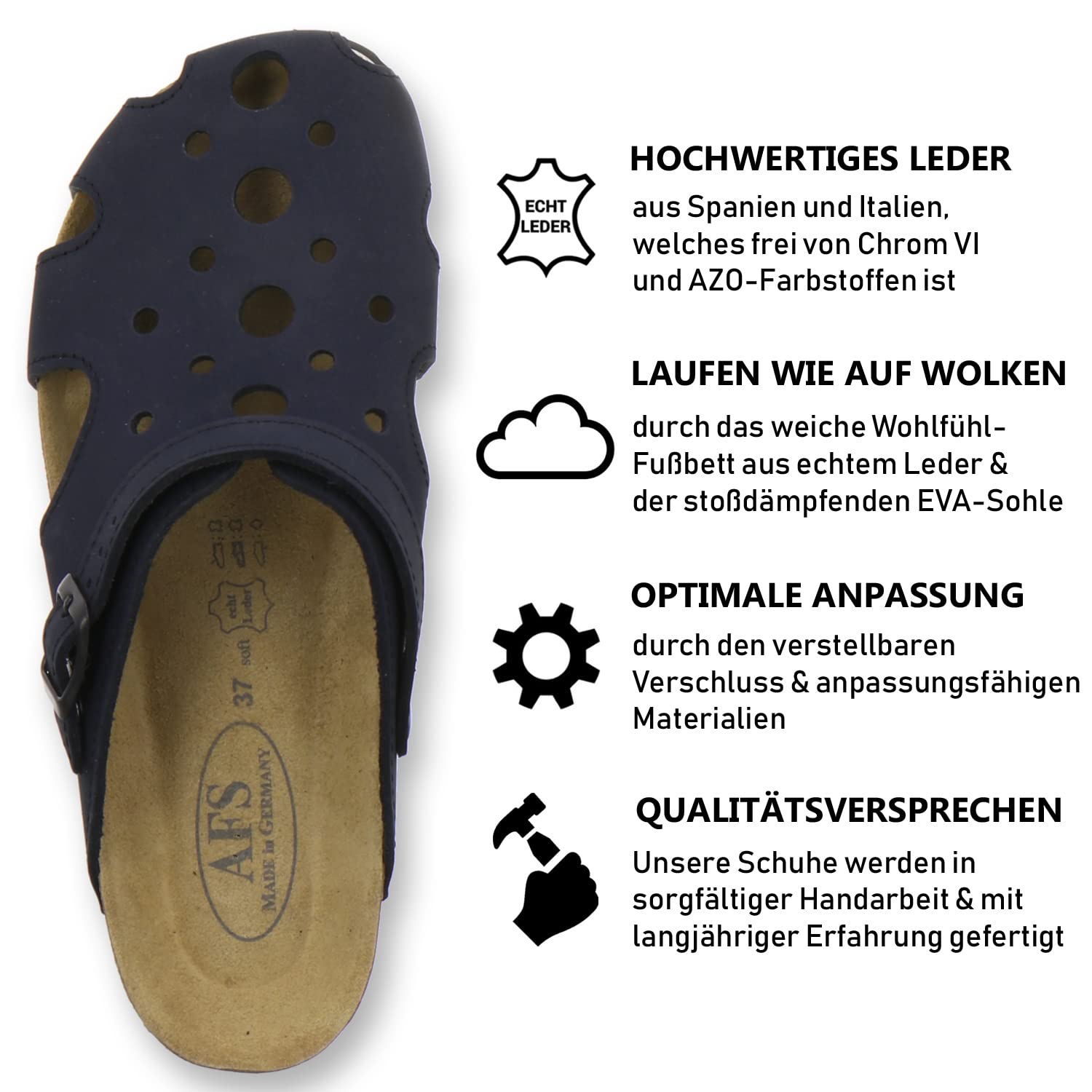 AFS-Schuhe 2993C Clogs Damen aus Leder, Bequeme Hausschuhe für Frauen, praktische Arbeitsschuhe, Made in Germany