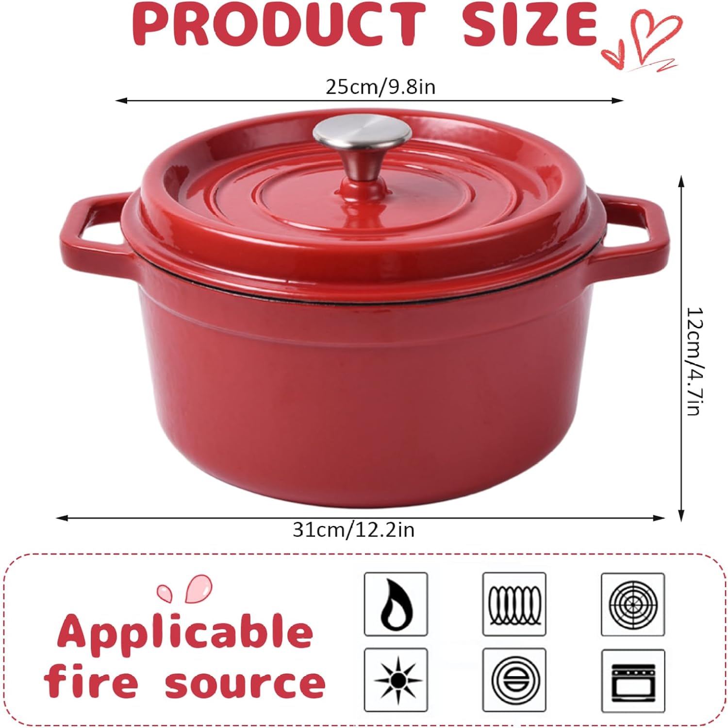 Cast Iron Dutch Oven 7.1 Inch Round Casserole Dish with Lid and Dual Handles Rustproof Heavy Duty Dutch Oven Pot for Bread Baking Stews Roasting Camping