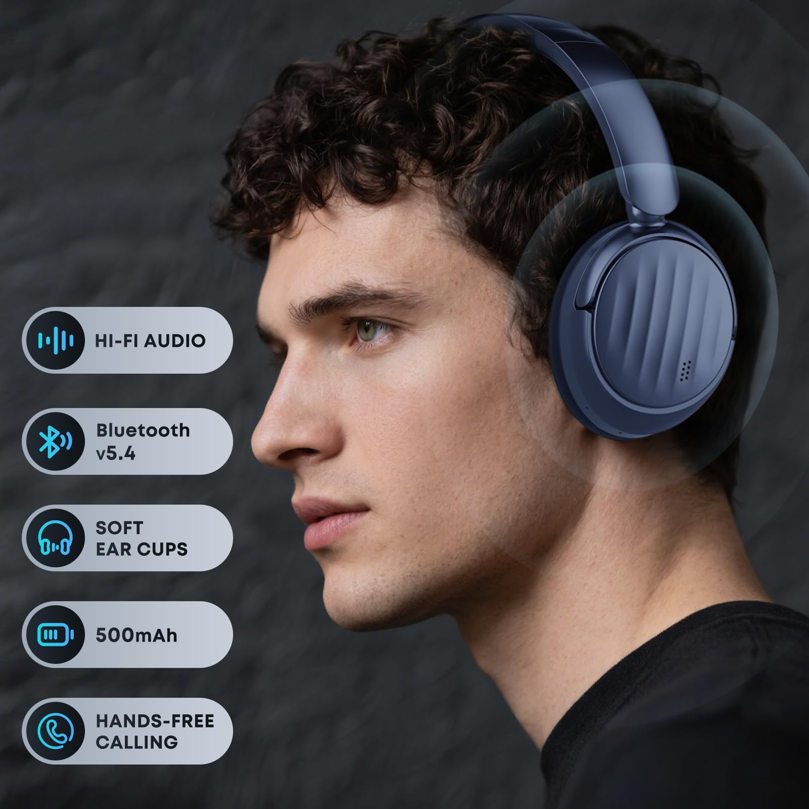 MMWOWARTS Bluetooth Headphones with Active Noise Cancelling (ANC), Wireless Over Ear Bluetooth Headsets with 35H Playtime, HiFi Stereo Foldable Headphones with Foam Ear Cups for Sports, Travel, Blue - 2